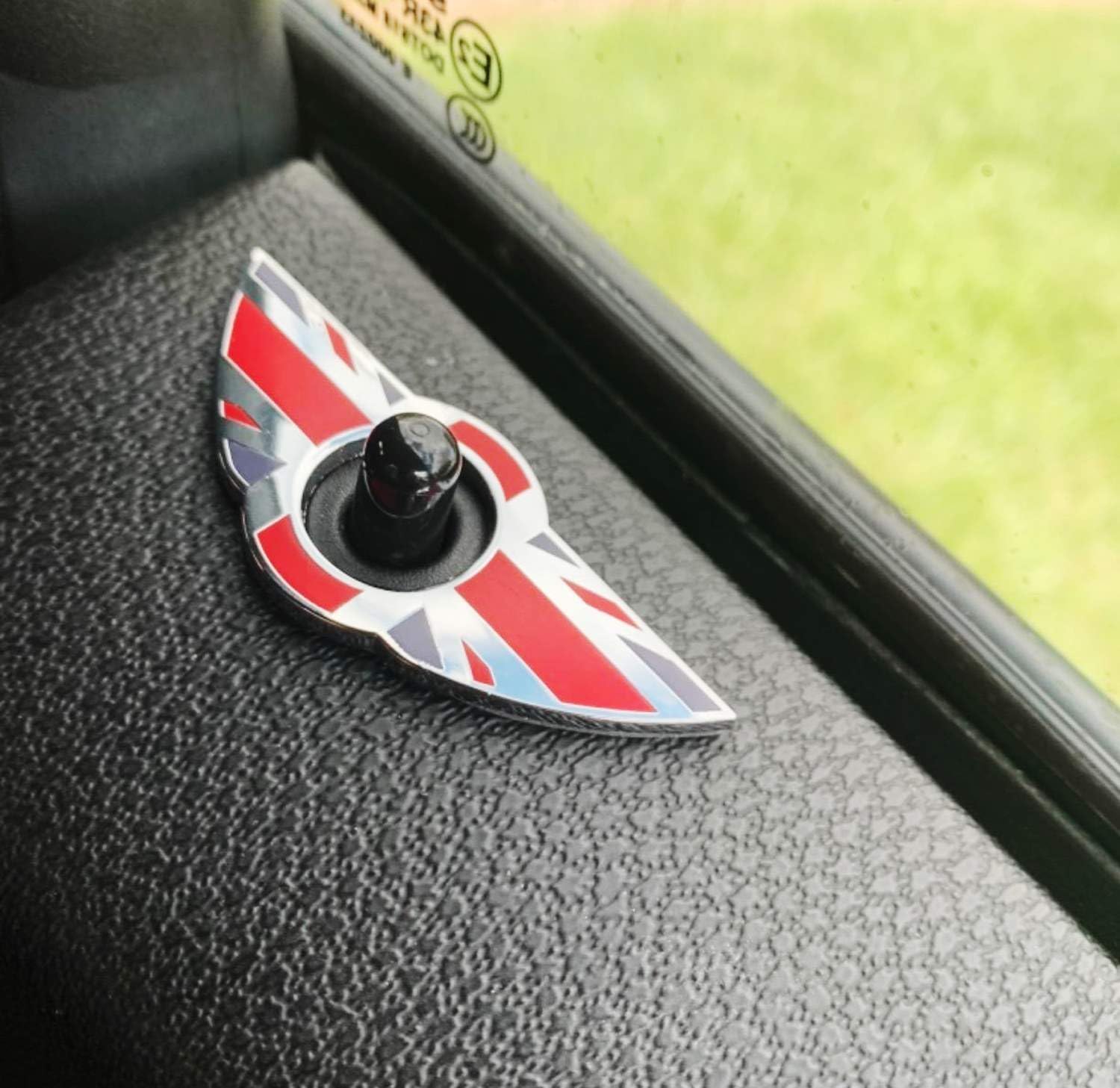 iJDMTOY (2) Union Jack Style Wing Emblem Rings Compatible with Mini Cooper R55 R56 R57 R58 R59 Door Lock Knobs, Red/Blue UK Flag Design (Does not fit R60 R61 nor F55 F56 Models)