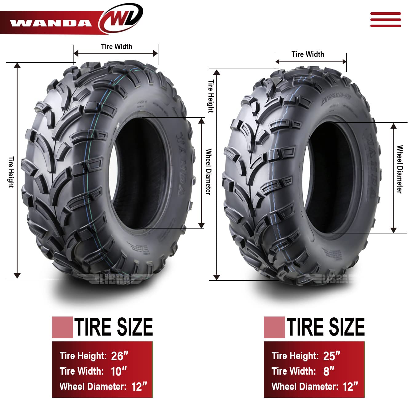 Wanda Set Of 4 Atv Tires 25X8-12 25X8X12 Front & 26X10-12 26X10X12 Rear 6Pr P373