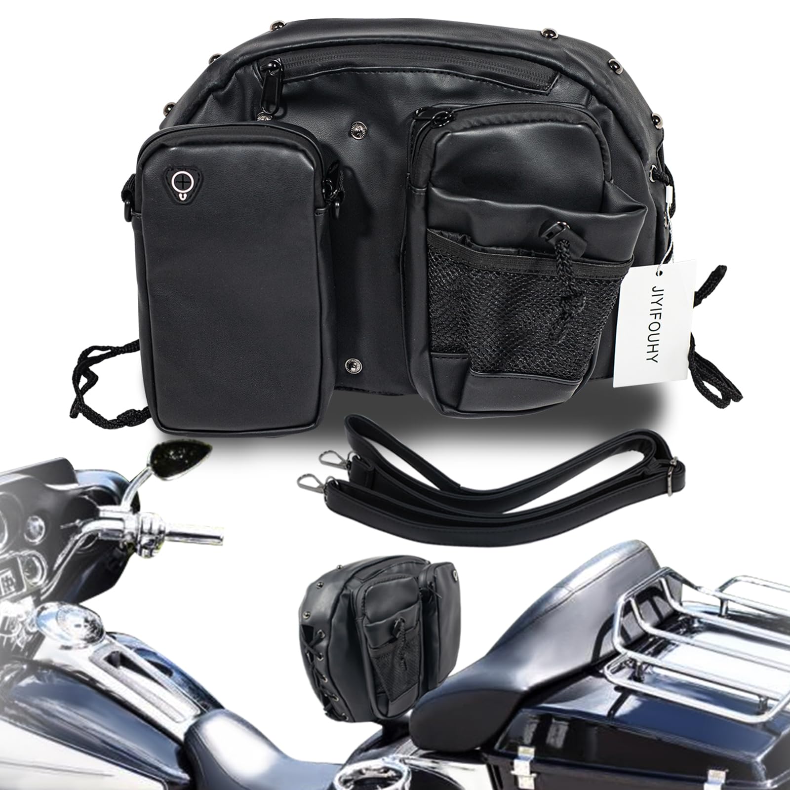 JIYIFOUHY For Road Glide Motorcycle Rider Backrest Bag, Detachable Sissy Bar Bag, Driver Back Rest Seat Pocket Organizer Saddle 