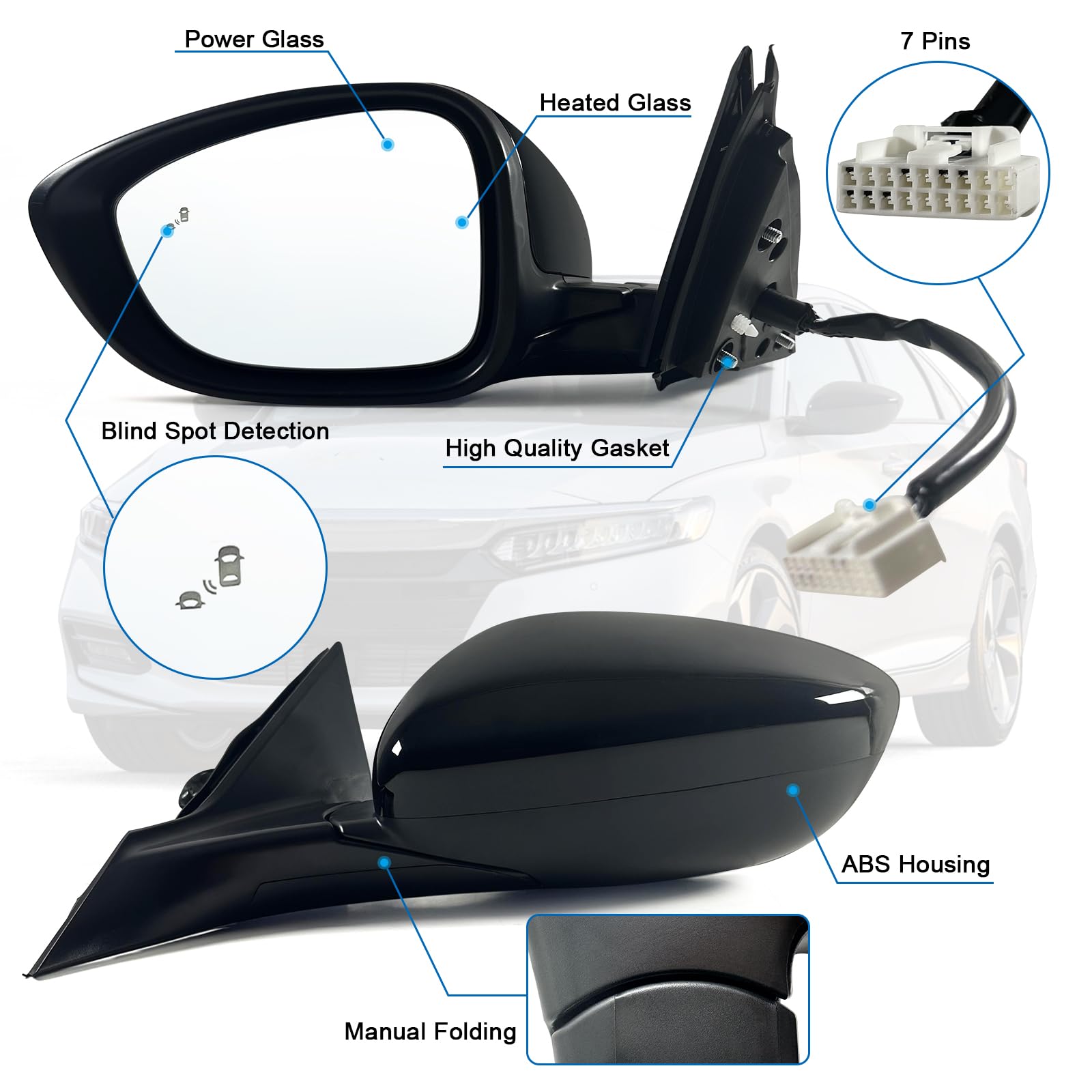 Lqito Left Driver Mirror Fits 2018-2022 Honda Accord Lx, Sport With Power Glass, Heated Blind, Spot Detection And Manual Folding