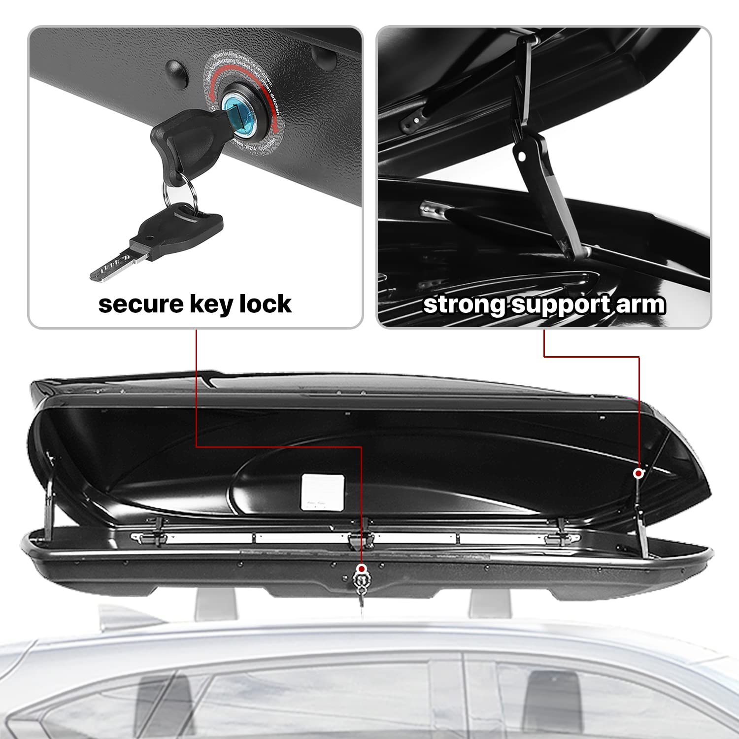 DNA MOTORING Extra Long XXL Lockable Rooftop Cargo Carrier Box Roof Luggage Storage Case w/Lock+Keys, 110Lb Capacity, 15 Cubic F