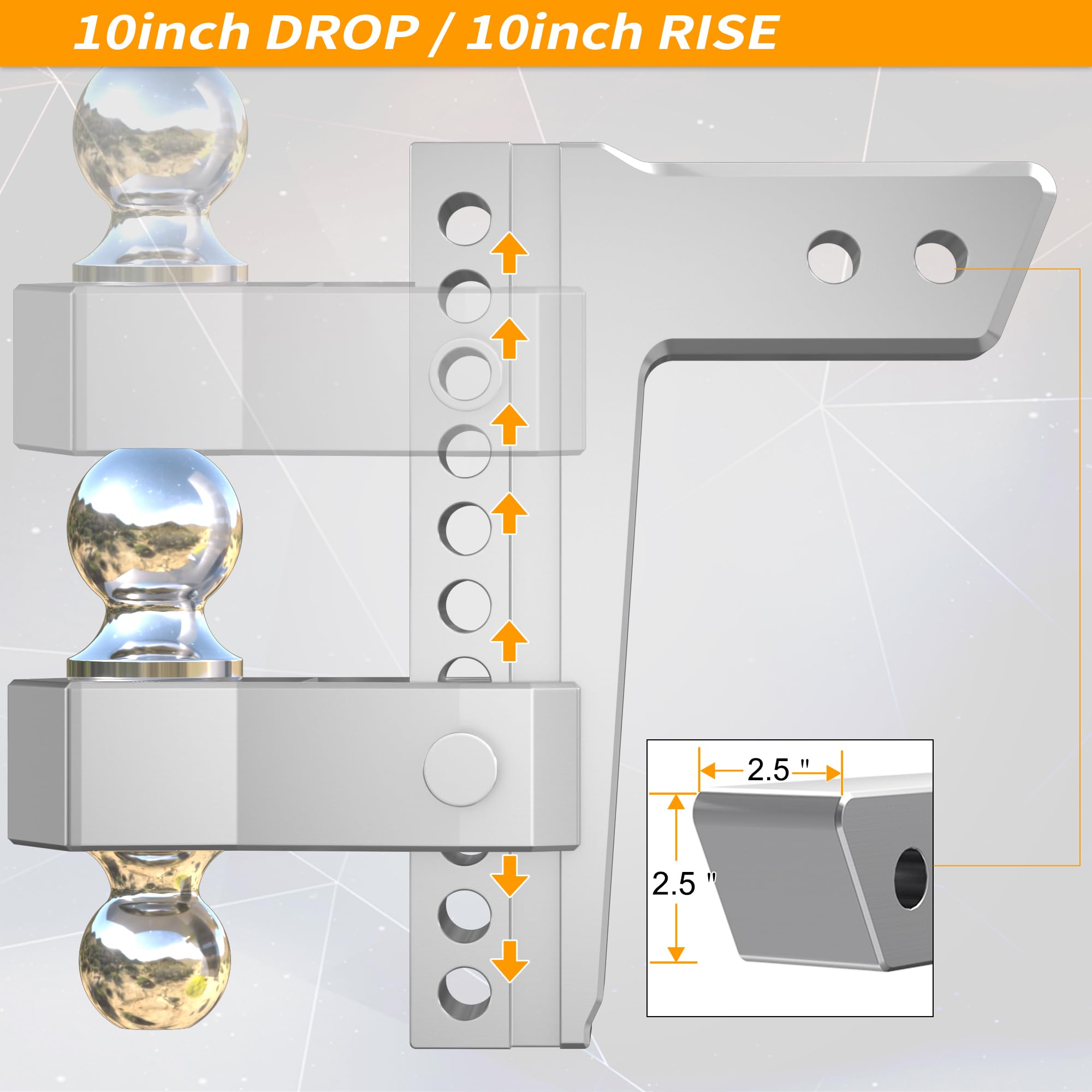 LOCAME Adjustable Trailer Hitch, 10-Inch Drop/Rise, Aluminum, 18,500 LBS GTW, Silver, Model LC0009 for Heavy Duty Trucks