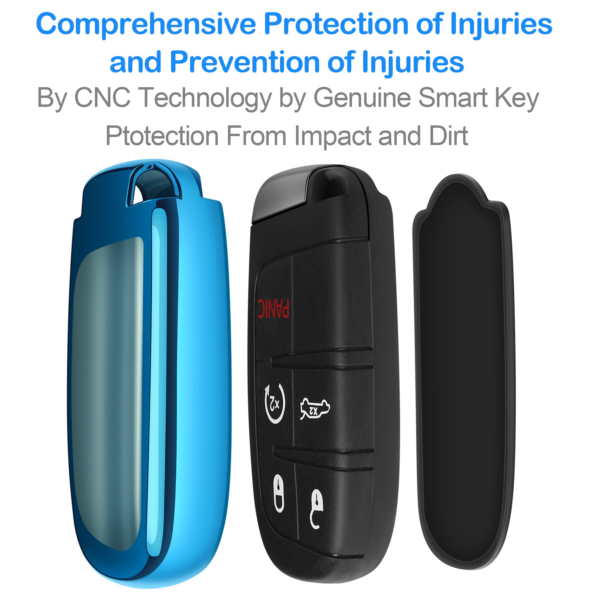 Compatible With Jeep Key Fob Cover With Leather Keychain Soft Tpu Protection Key Case For Grand Cherokee Renegade Chrysler 200 300 Dodge Ram Durango Challenger Journey Dart Fiat Smart Key,Blue