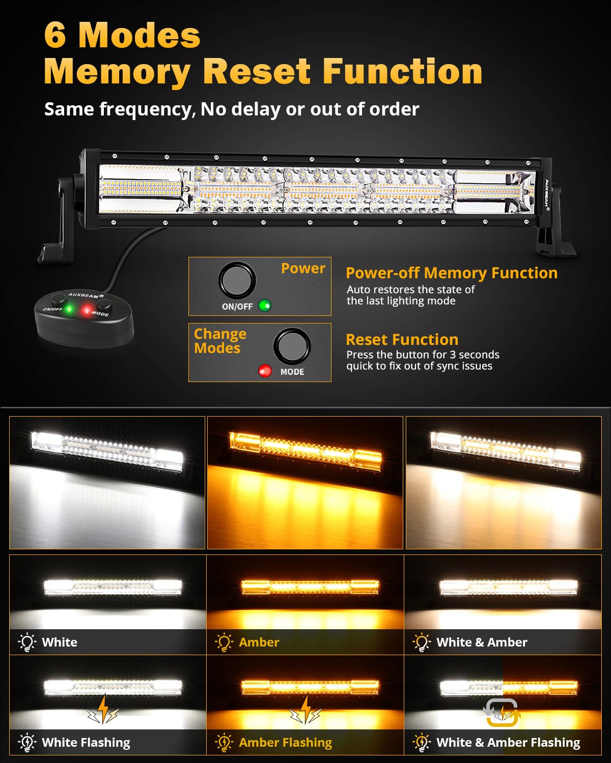 Auxbeam 6 Modes Amber White Series 22Inch 120W Led Light Bar Dual Color Strobe Light Spot Flood Combo Flashing Warning Signal Of