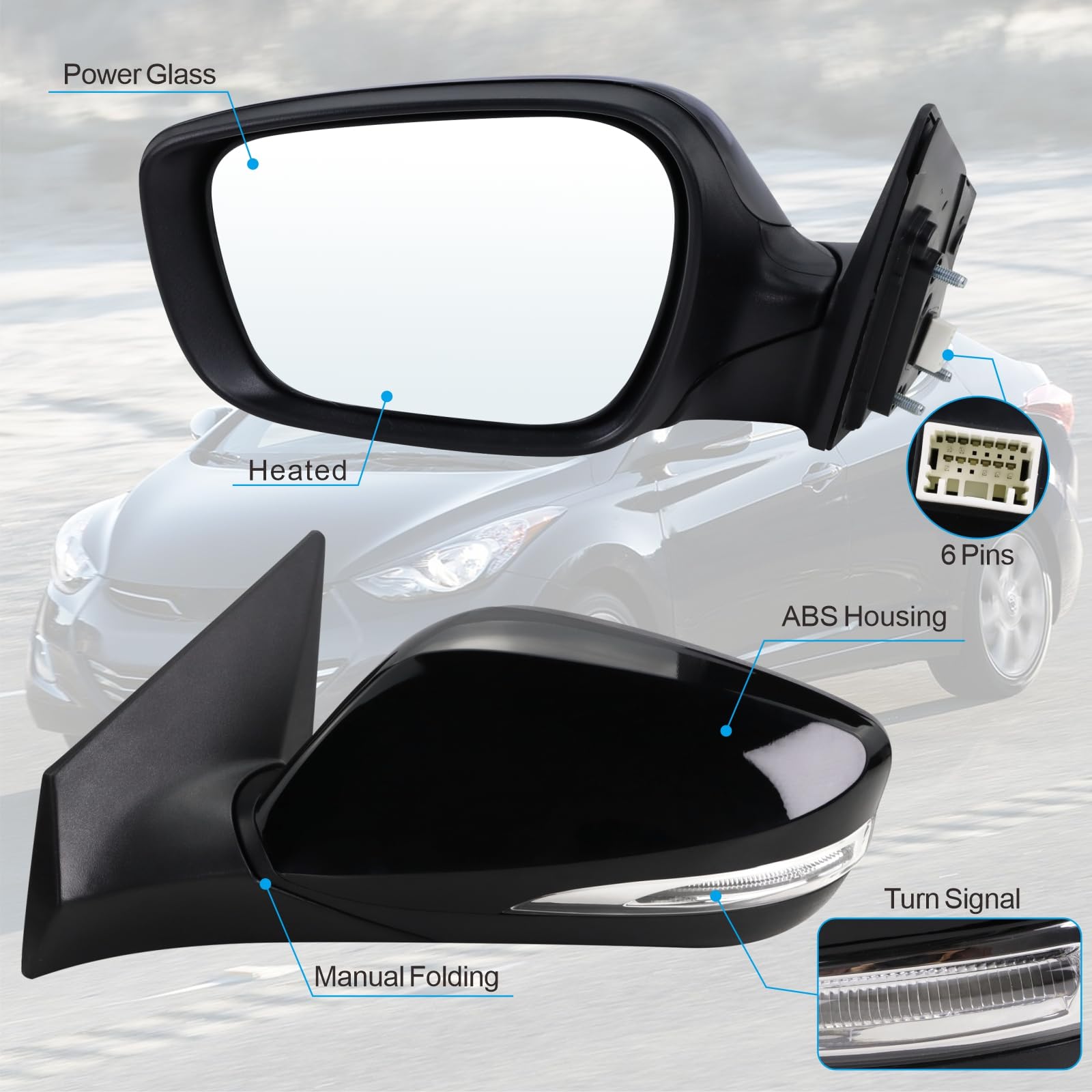 Lqito Left Driver Side Mirror Compatible With 2011 2012 2013 Hyundai Elantra With Manual Folding Power Glass Heated Turn Signal