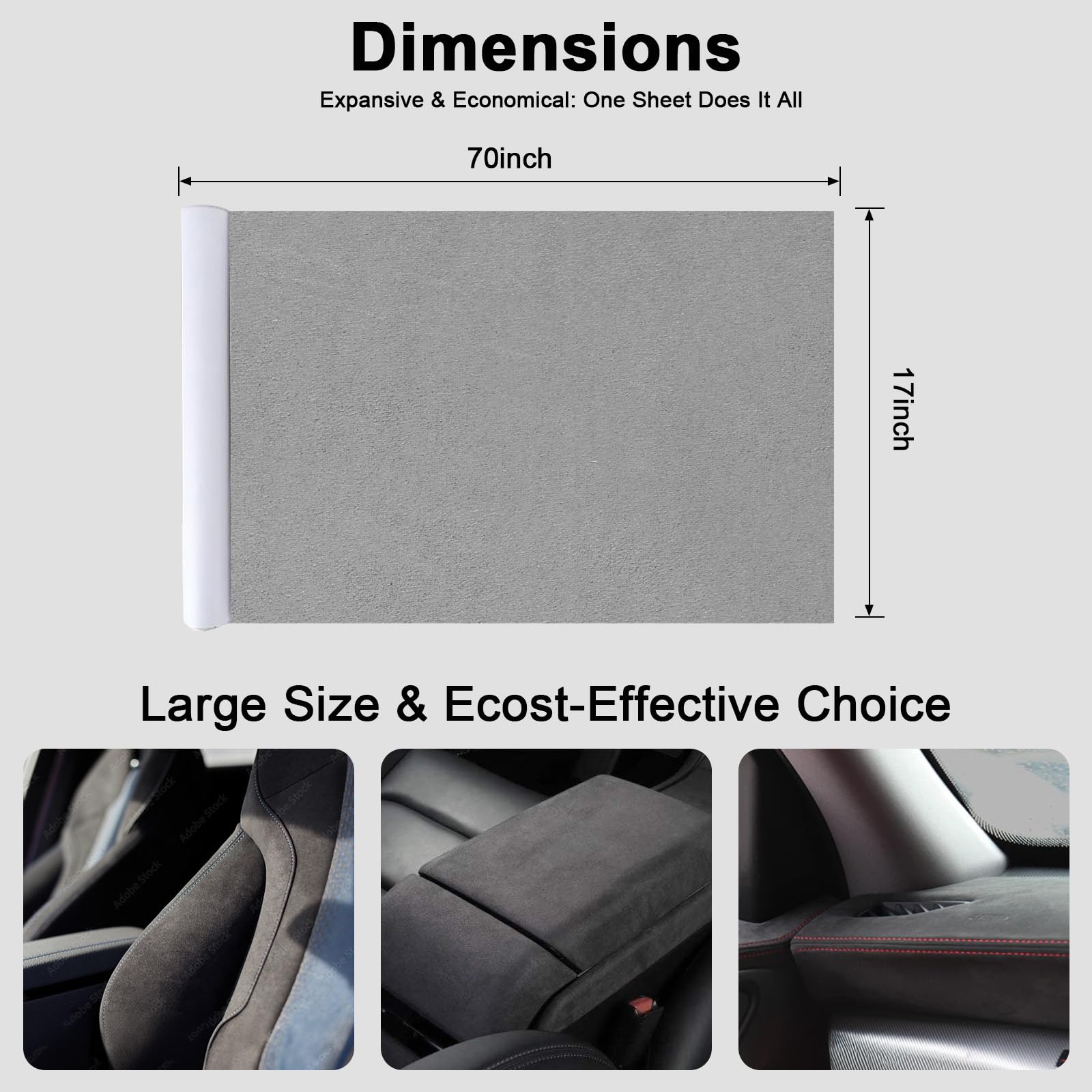 RadiantDecor Premium Grey Suede Fabric Wrap - 17x70 inch Suede Wrap for Car Interior - Self-Adhesive Microfiber and Synthetic Le