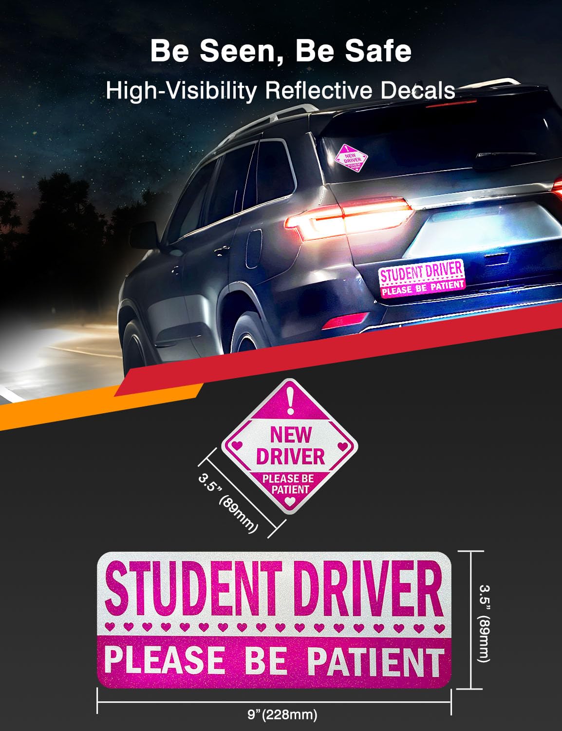 Student Driver Stickers (Non-Magnet) - Reusable, Reflective New Driver Sign For Car Bumper & Windows, Scratch-Free, Weather-Resi