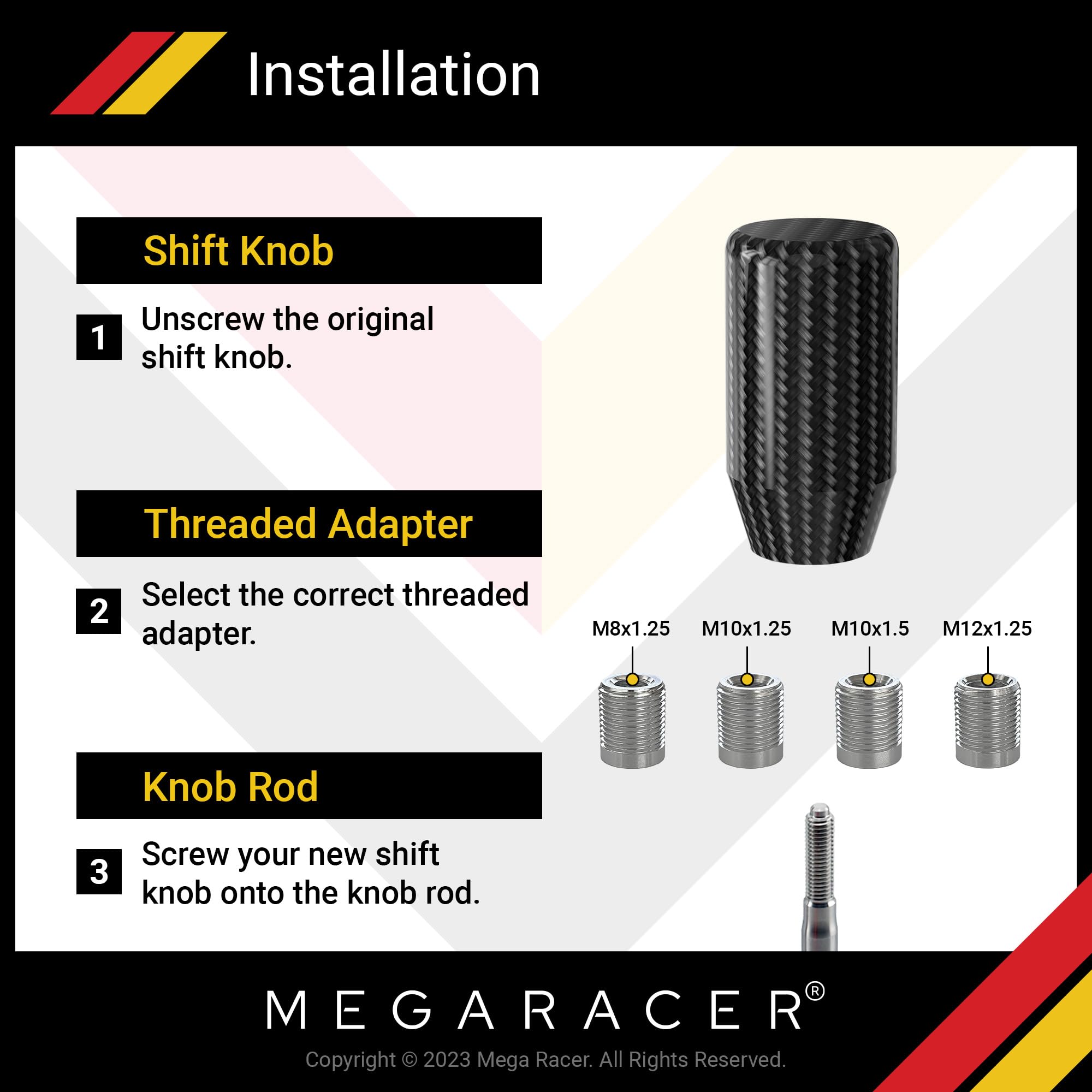 Mega Racer 7 Cm Real Carbon Fiber Shift Knob - For Buttonless Automatic & 4, 5 And 6 Speed Manual Transmission Vehicles, 100% Ca