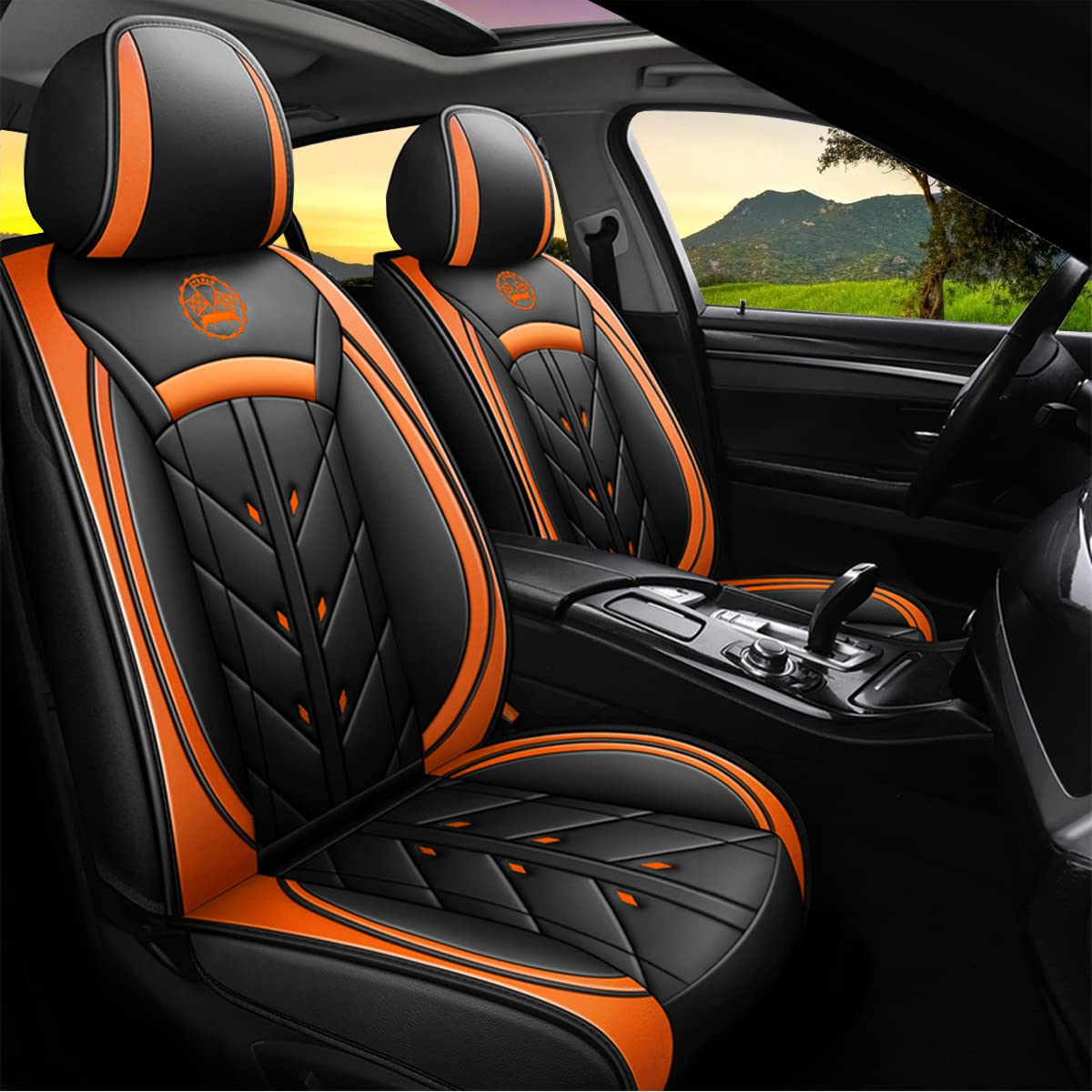 YXQYOEOSO Comfortable Leather Auto Car Seat Covers 5 Seats Full Set Universal Fit (Black & Orange)