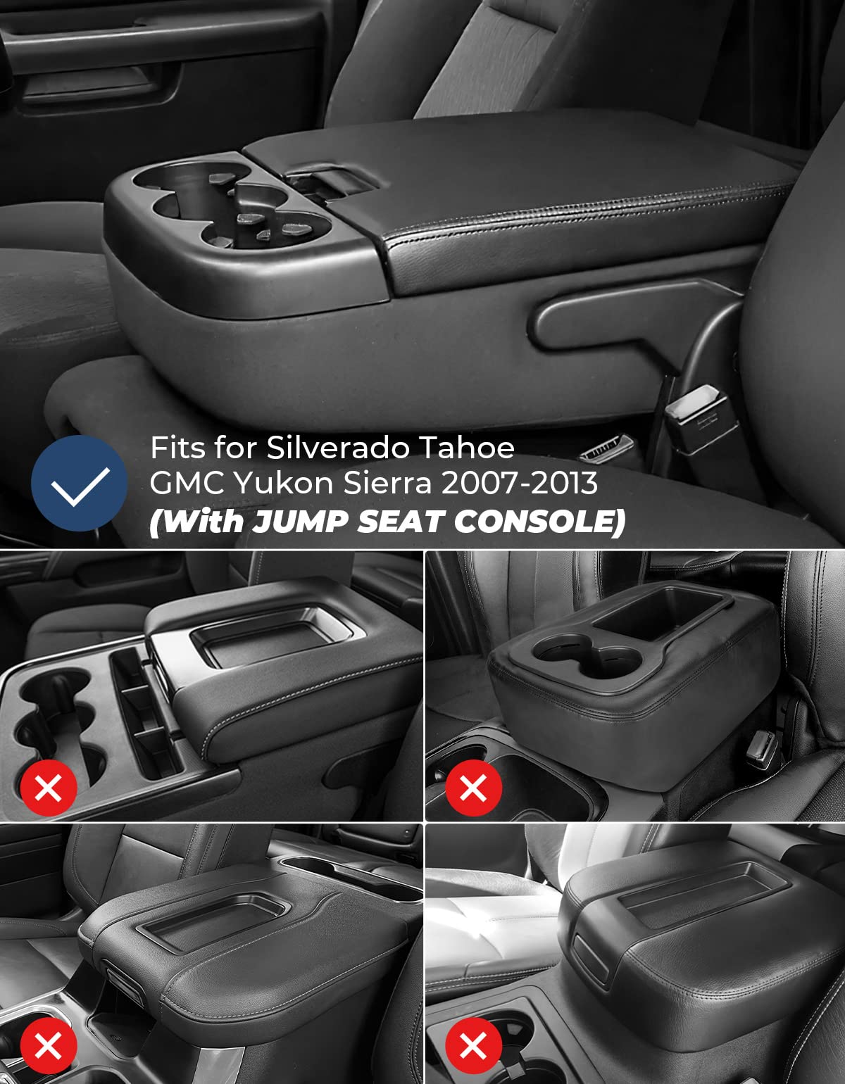 ISSYAUTO Center Console Cover for Silverado Tahoe Sierra 07-13, Leather Armrest, Black, Jump Seat Console, Model A1926-02301