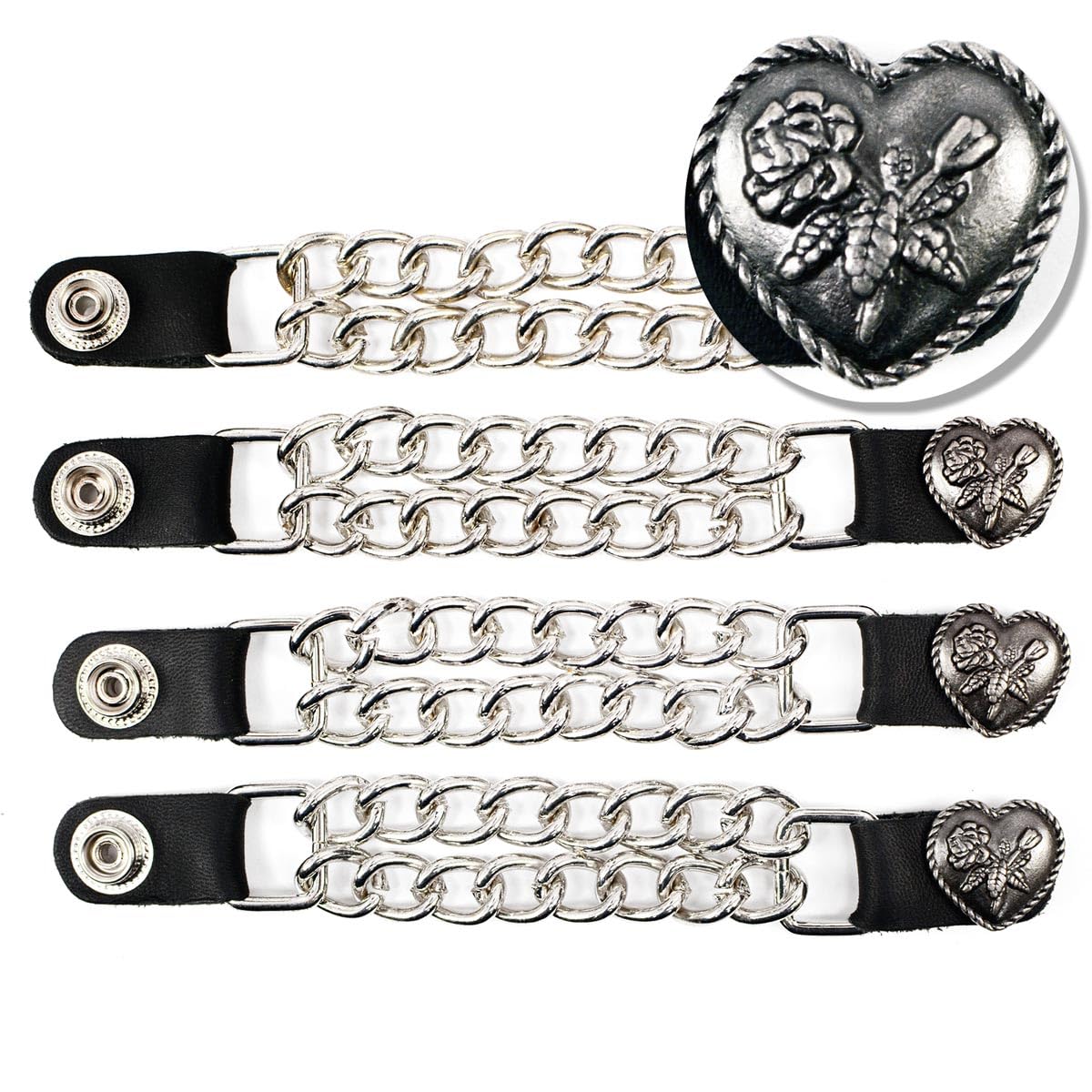 Milwaukee Leather Heart Rose Medallion Vest Extender - Double Chrome Chains Genuine Leather 6.5'' Extension 4-PCS MLA6013SET - 4