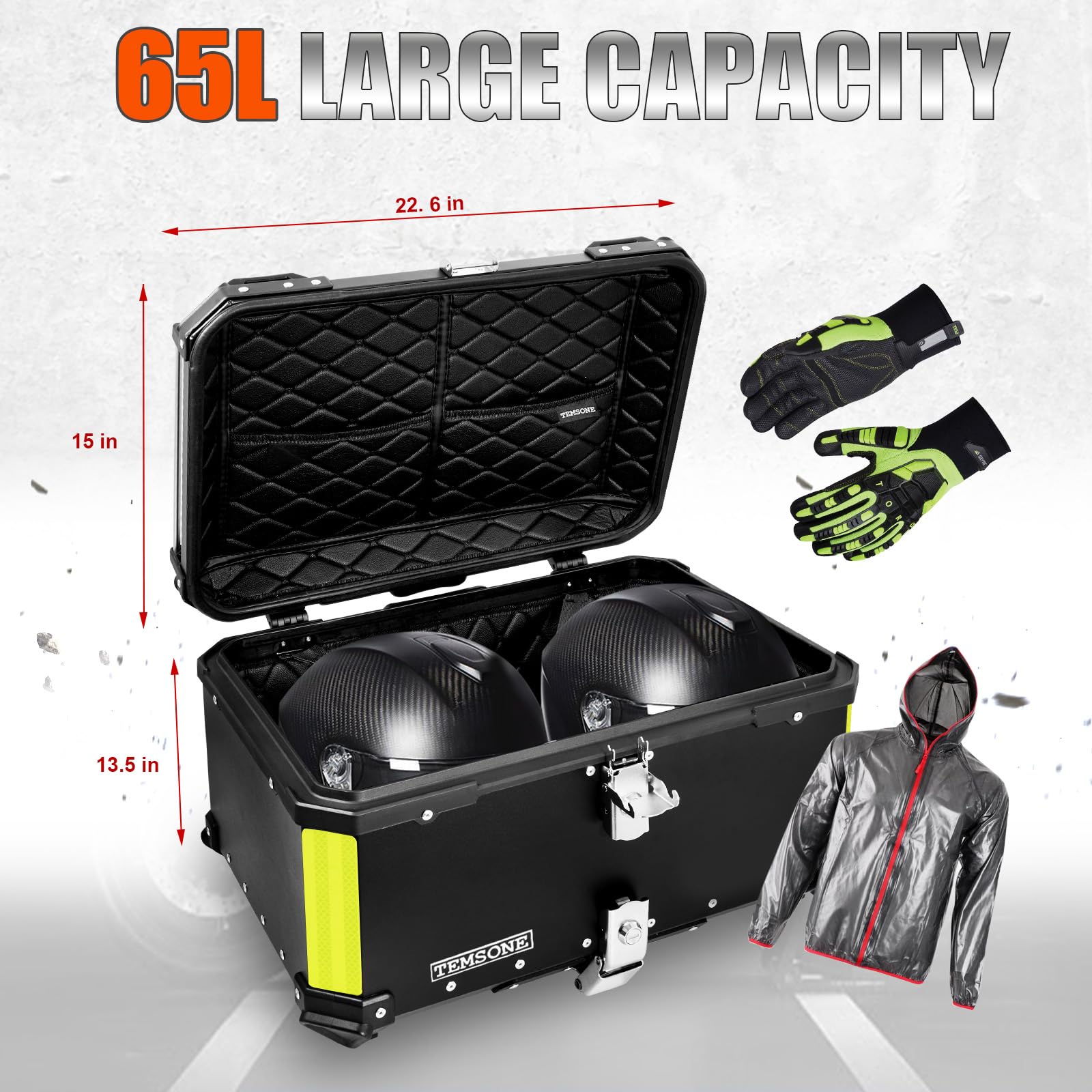 Temsone 45L Universal Motorcycle Top Case, Motorcycle Tail Box With Backrest & Handle, Waterproof Motorcycle Rear Top Box, Dual-Key Storage Carrier Case, Aluminum Trunk Tour Tail Box For Store Helmet