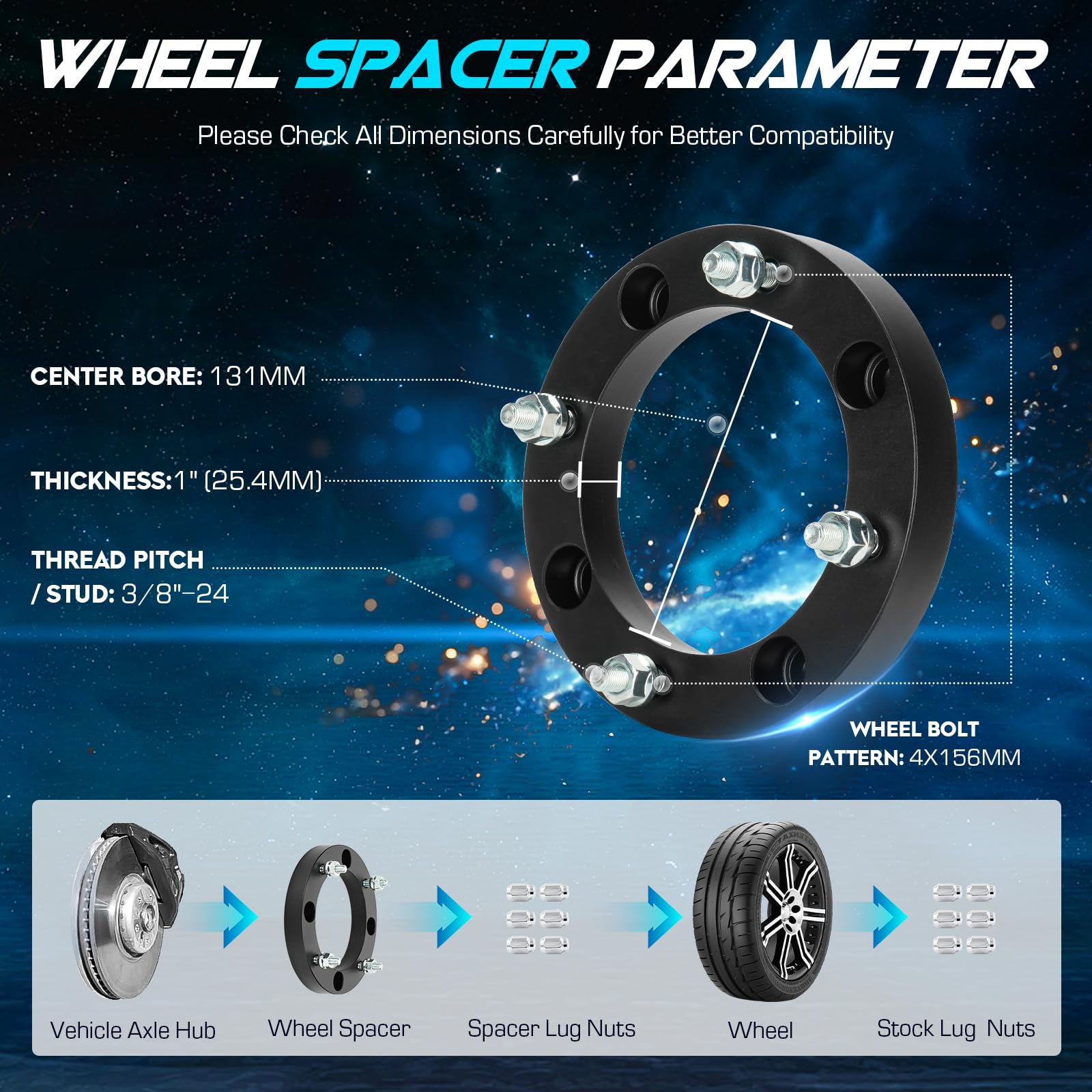 Ilonpa 4Pcs 4X156 Atv Wheel Spacers W/ 131Mm Bore Compatible With Polaris Sportsman Ranger, Kawasaki Lakota, 3/8'-24 Studs 1 Inch (25.4Mm) Thickness, Not Hubcentric Wheel Adapters