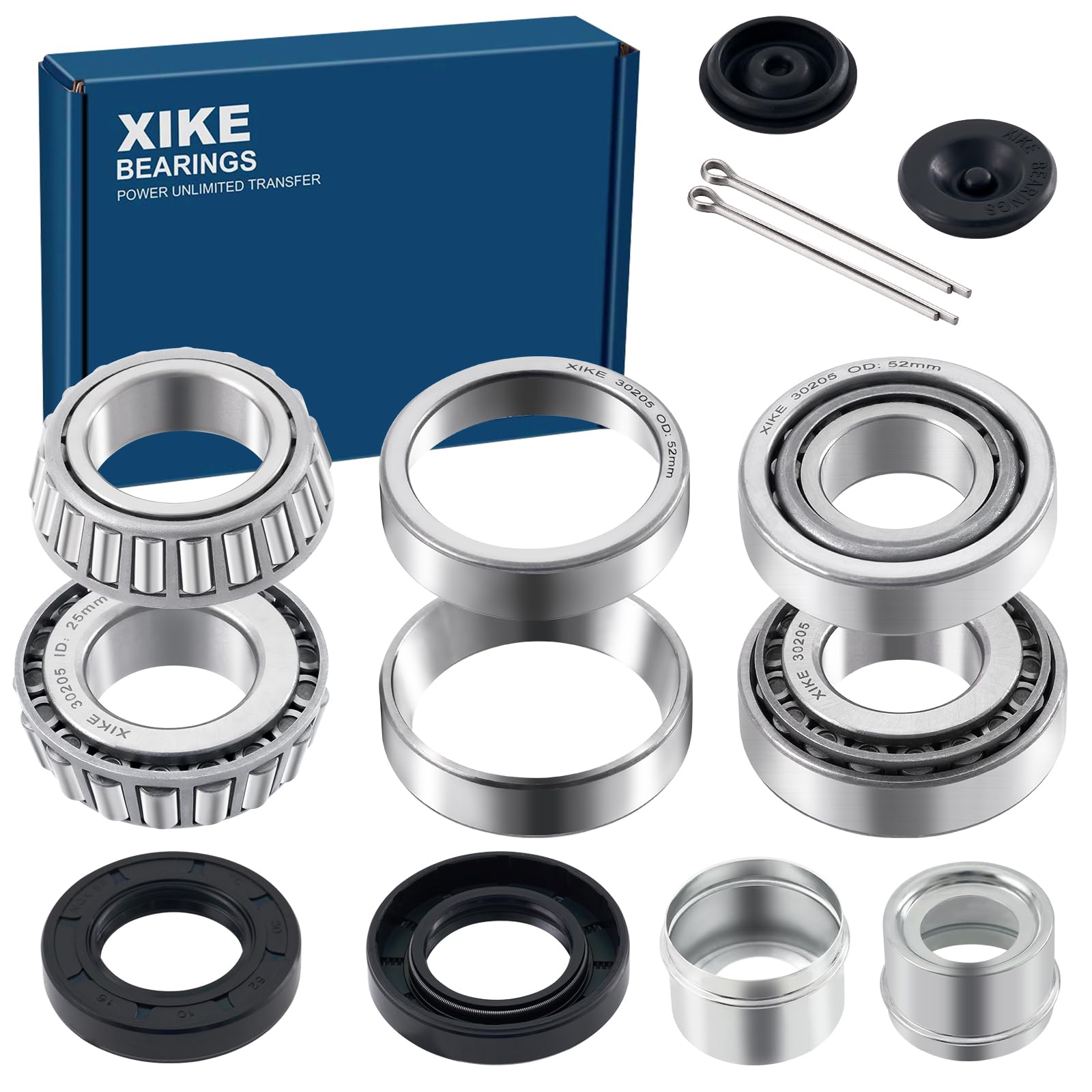 XiKe 2 Set Fits 25mm Axles Trailer Wheel Hub Kit, 30205 Bearings, TC30x52x10mm Seal, OD 52mm Dust Cover and Cotter Pin.