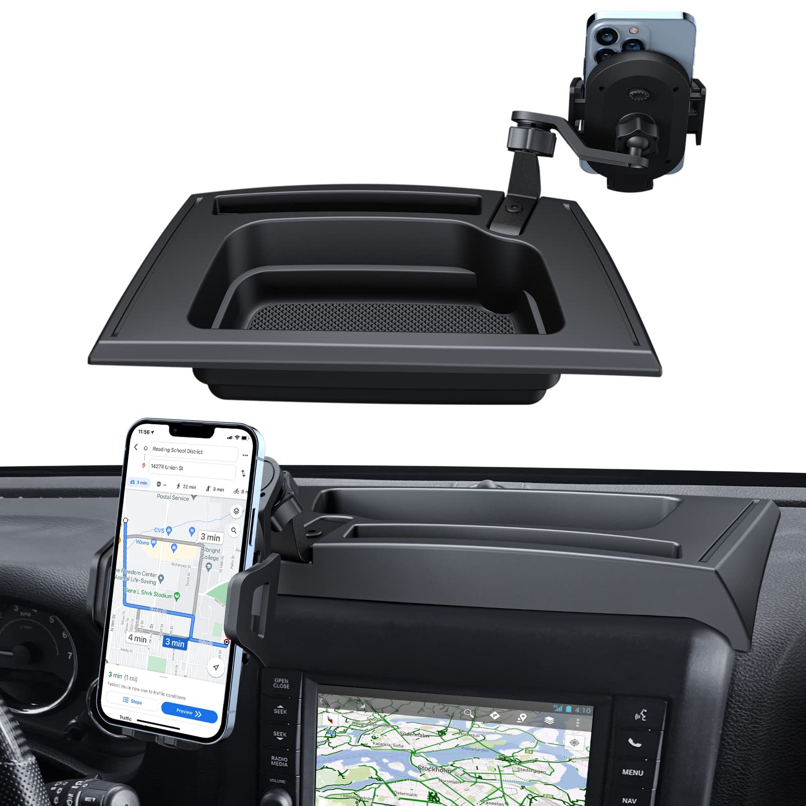 Kaishengyuan Upgraded Phone Mount For 2011-2017 Jeep Wrangler Jk Jku, Multi-Mount Phone Holder Dash Tray Storage Box System Kit With Extension Arm Metal Rod