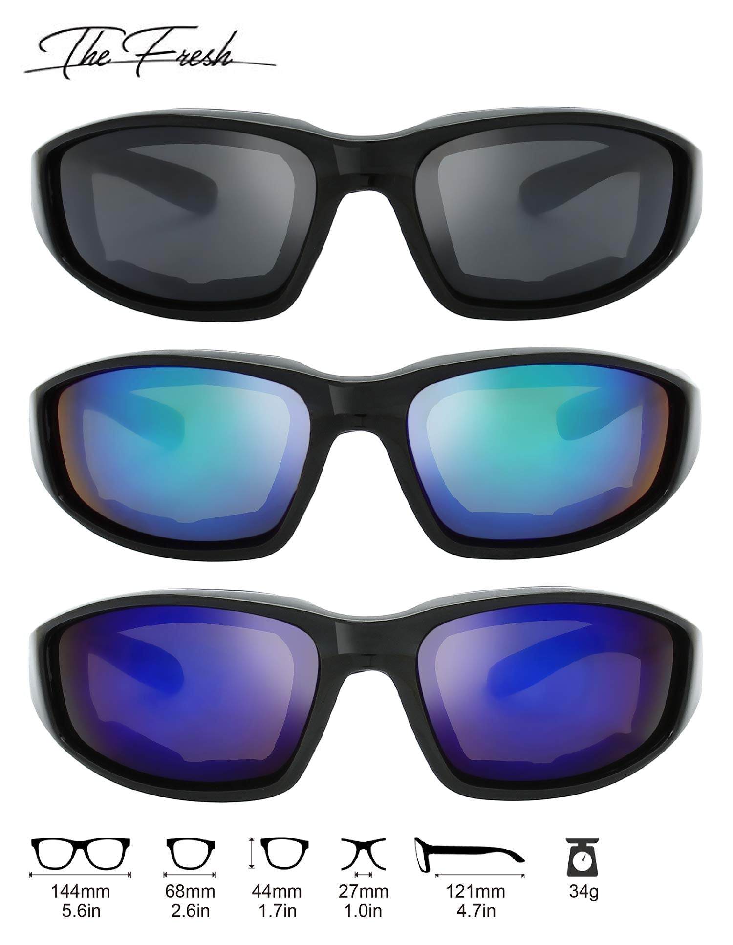 The Fresh Motorcycle Riding Glasses Padded Frame Lens Block 100% UVB for Outdoor Activity Sport (1402-Shiny Black, Grey, Green M