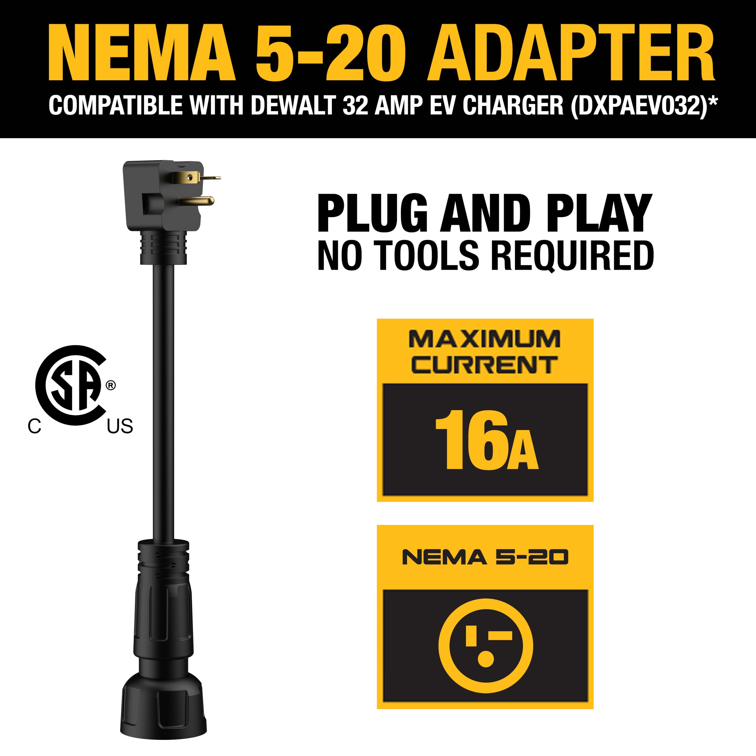 DEWALT NEMA 5-20 Adapter, 16A/120V, Compatible 32 Amp Portable EV Charger, High Power Connector, Easy to Connect, No Tools Requi