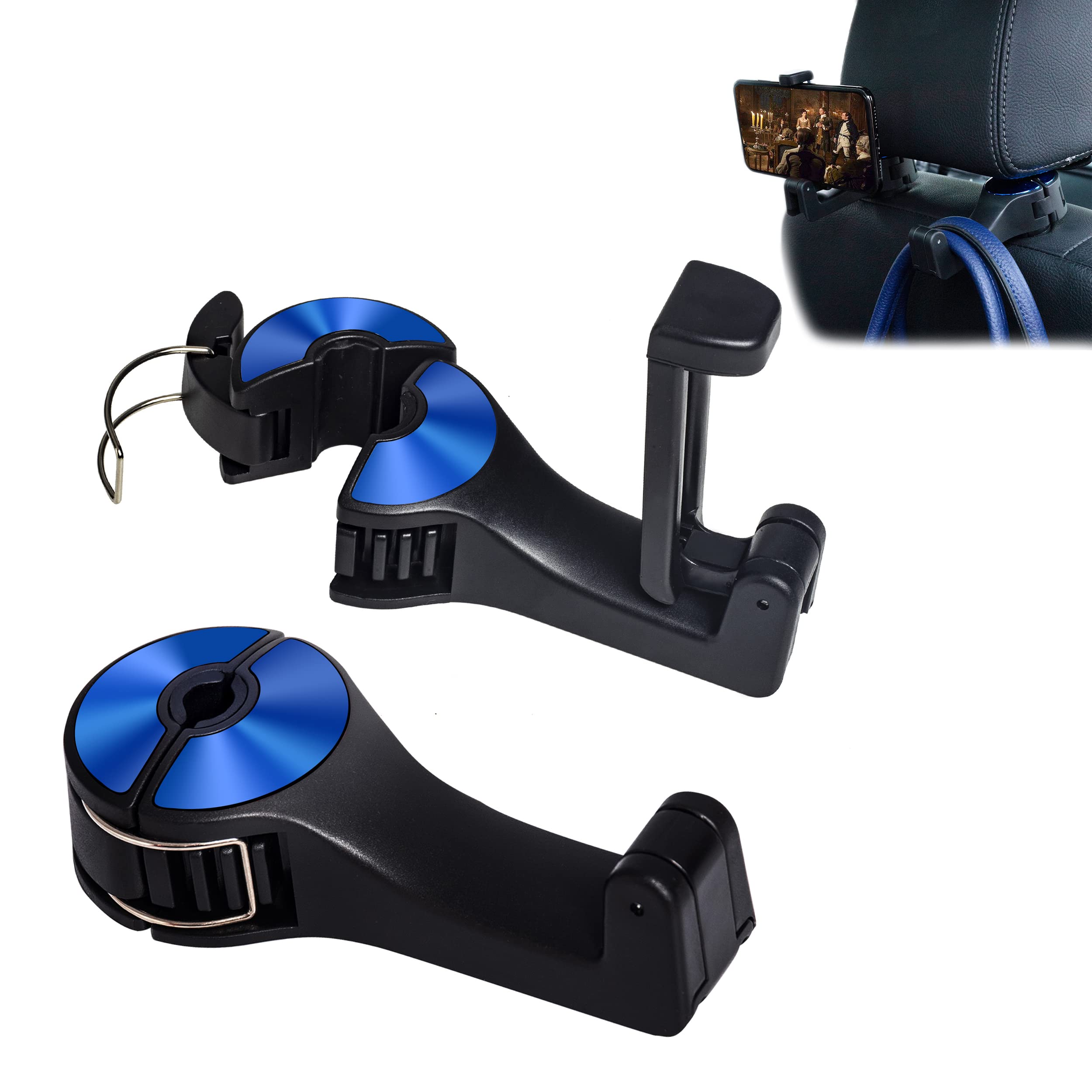 Amooca Car Seat Hooks For Purses And Bags With Phone Holder, Universal Car Headrest Storage Organizer Hanger Hook With Lock, 360