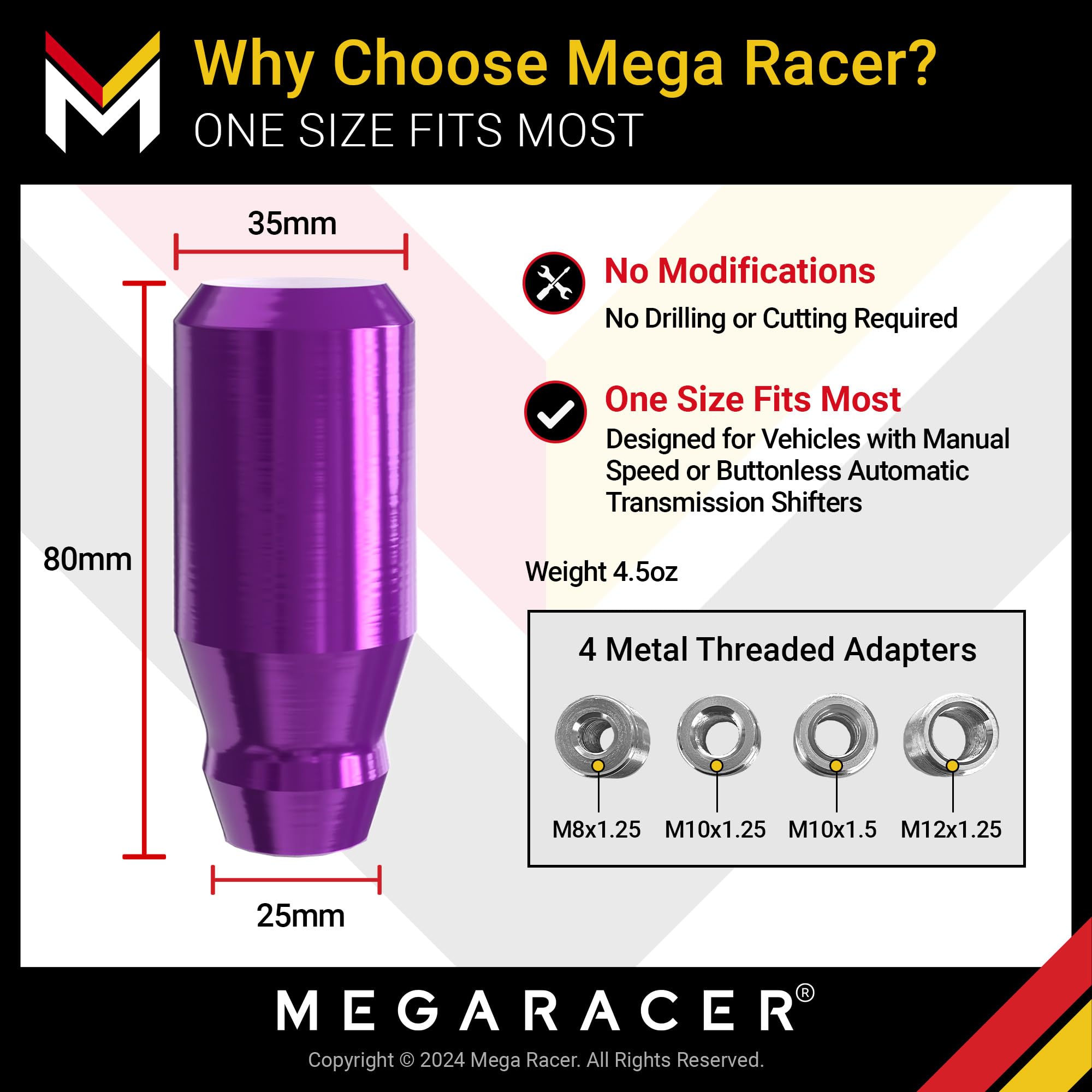 Mega Racer 8cm Purple Aluminum Shift Knob - for Buttonless Automatic and 4, 5 and 6 Speed Manual Transmission Vehicles, Interior