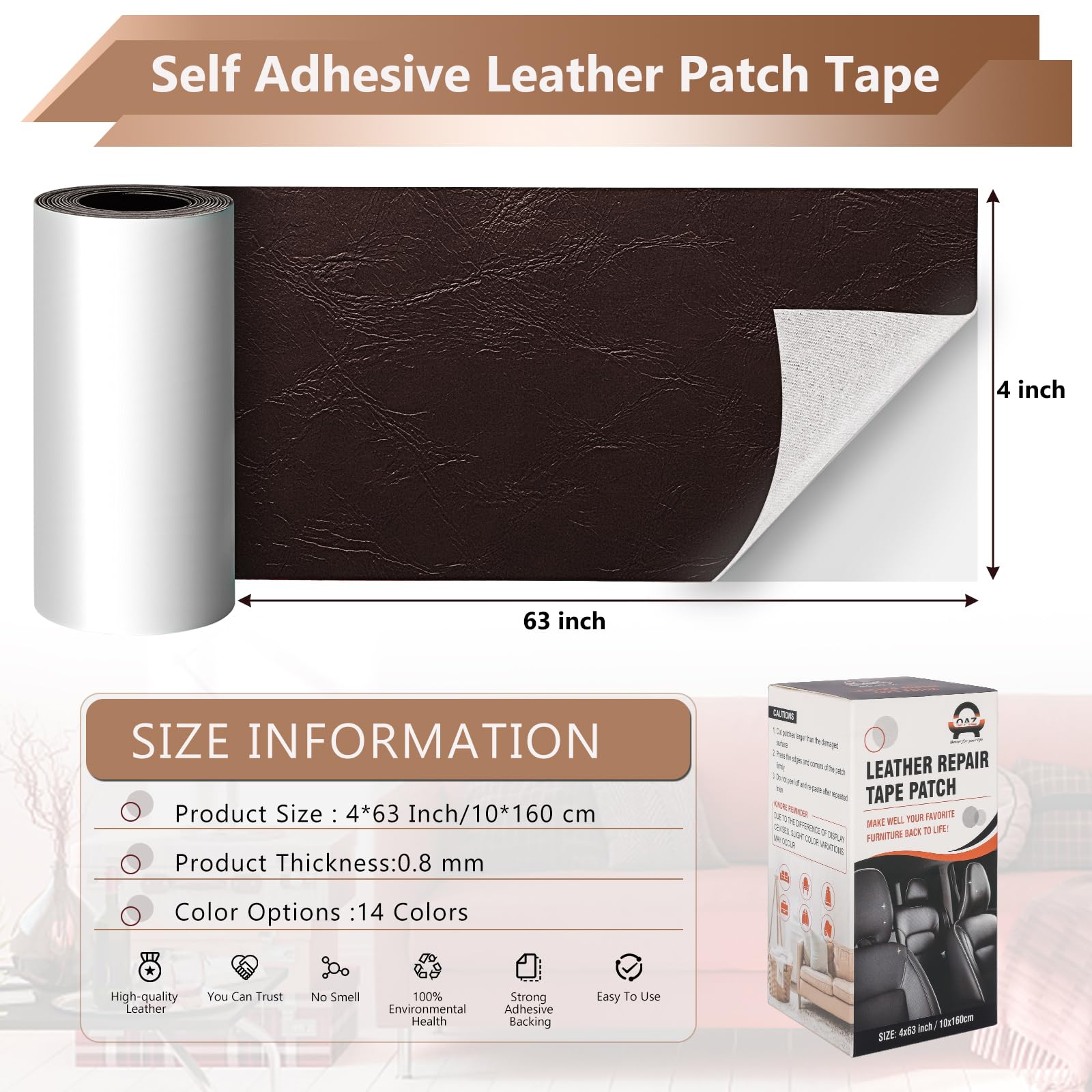 Oaz Leather Repair Patch Self Adhesive, 4X63 Inch Leather Repair Kit For Furniture, Leather Repair Tape For Car Seat, Sofa, Couc
