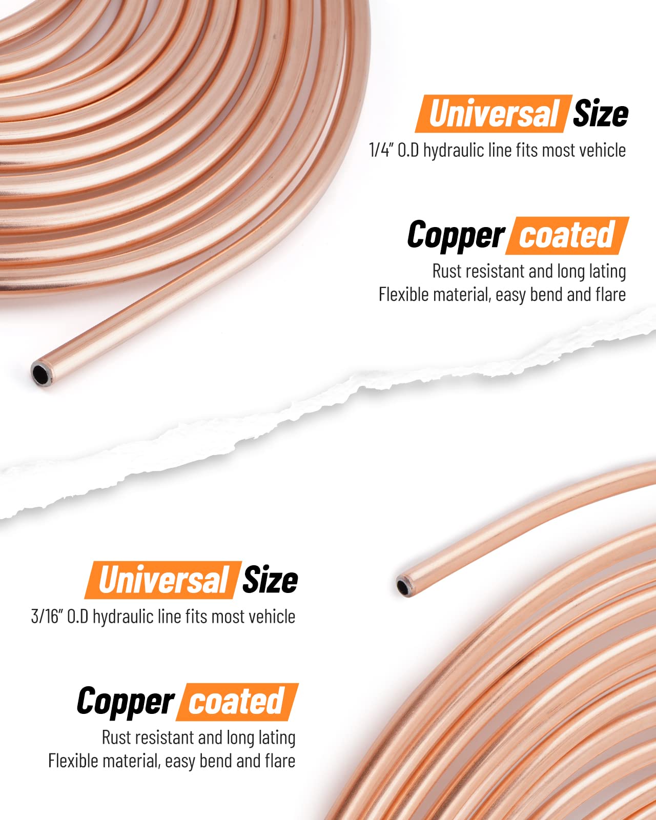 Racewill 25 Ft 3/16' + 1/4' Copper Coated Brake Line Kit (Includes 32 Fittings And 8 Unions)+ Brake Line Double & Single Flaring Tool Kit