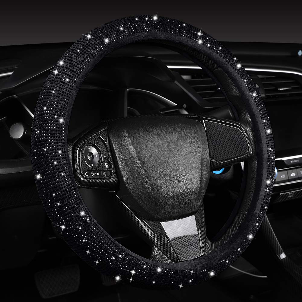 Women Fashion Black Velvet Bling Steering Wheel Cover with Black Diamonds, 15 inch Standard Glitter Rhinestone Car Wheel Cover Sparkling, Full Covered -Like New