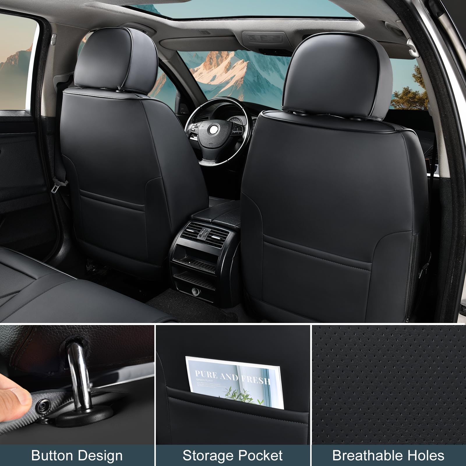 Tiehesyt Black Car Seat Covers Front Pair, Breathable Leather Automotive Front Seat Covers & Headrest For Comfortable Driving, U