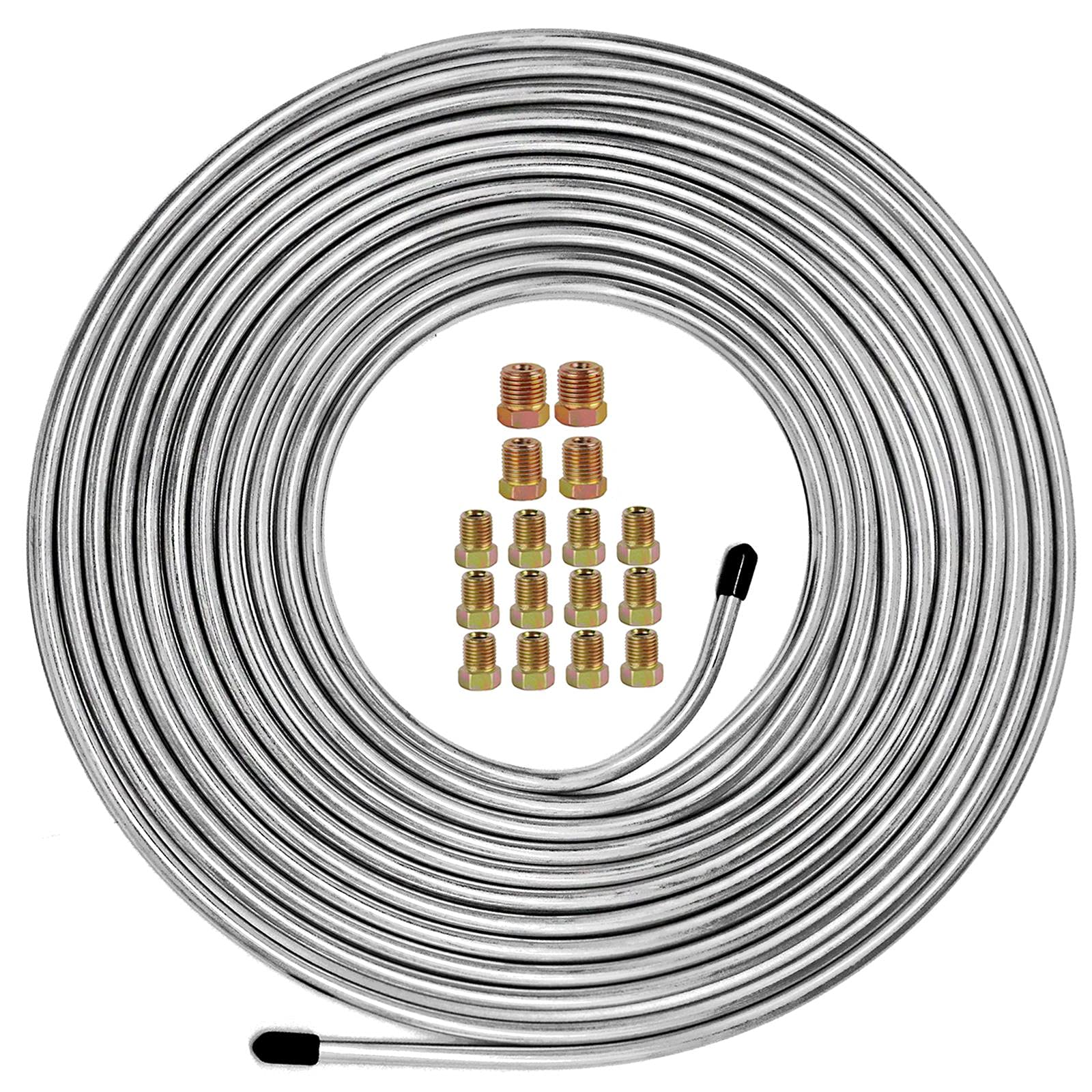 Muhize 25 Ft. Of 1/4 Brake Line Tubing Kit - Flexible Zinc-Coated Steel Tube Roll 25 Ft 1/4 Rustproof, Corrosion Protection (Includes 16 Inverted Flare Fittings)
