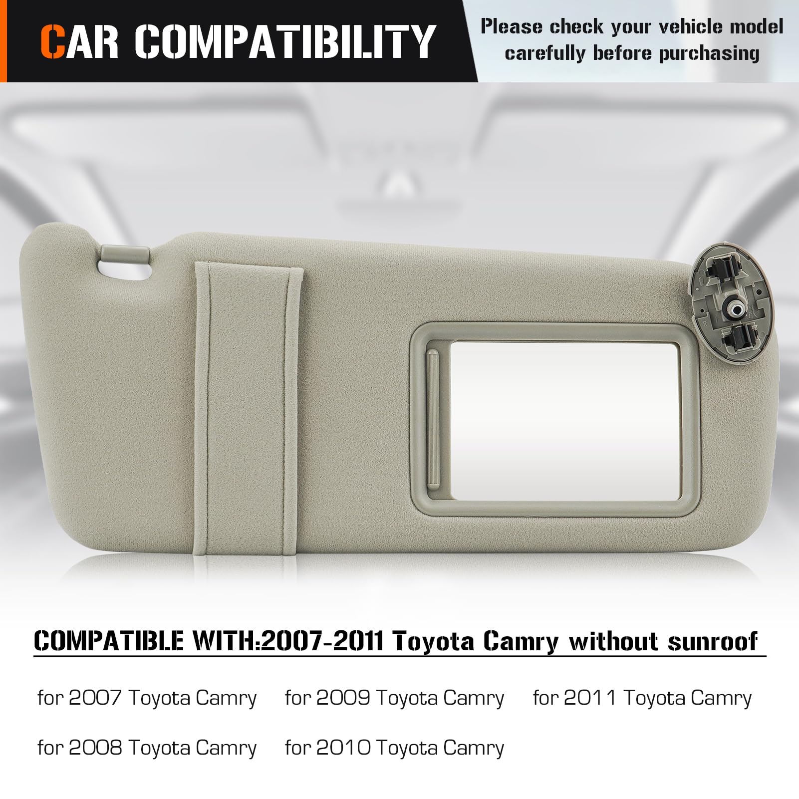 Sun Visor For 2007-2011 Toyota Camry Without Sunroof, Right Passenger Side Beige Sunvisor Replacement 74310-06750-E0