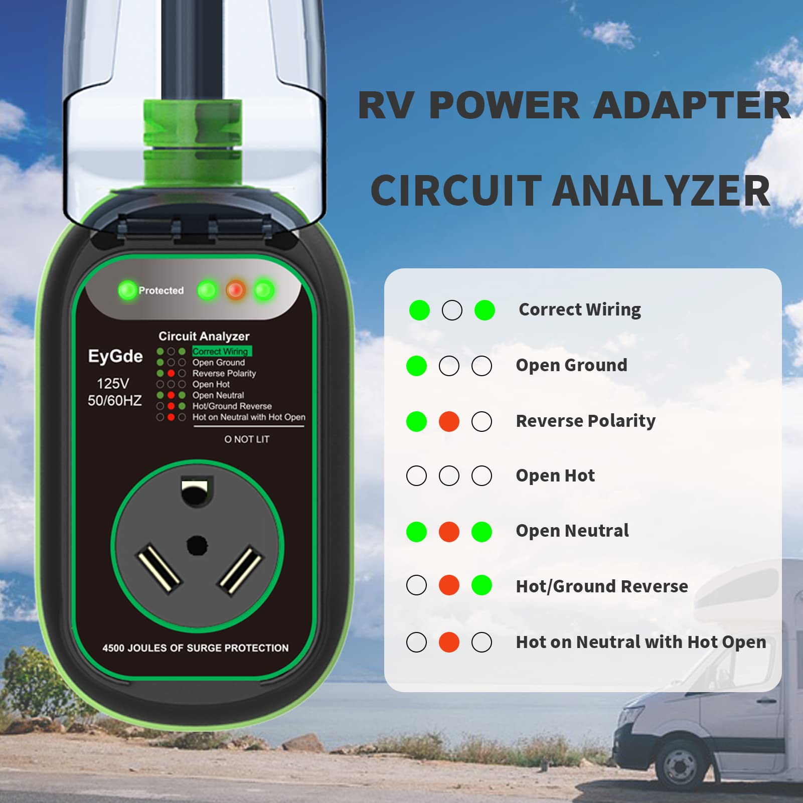Eygde 50 Amp To 30 Amp Rv Adapter With Surge Protector, Patented 4500J 50 Amp Male To 30 Amp Rv Adapter Plug, Rv Circuit Analyze