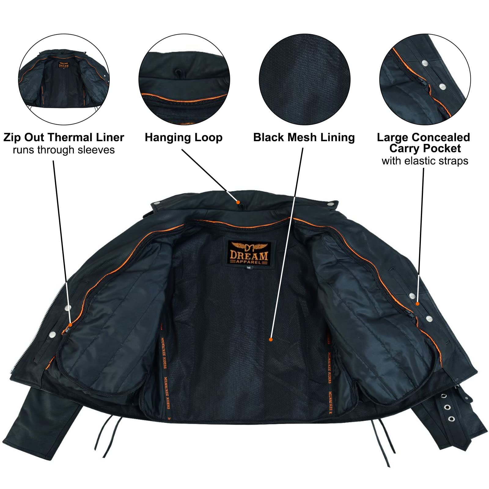 Dream Apparel Women’S Classic Leather Motorcycle Jacket With Zip Out Lining, Biker Jacket For Ladies With Side Laces (Black, Size 4Xl)