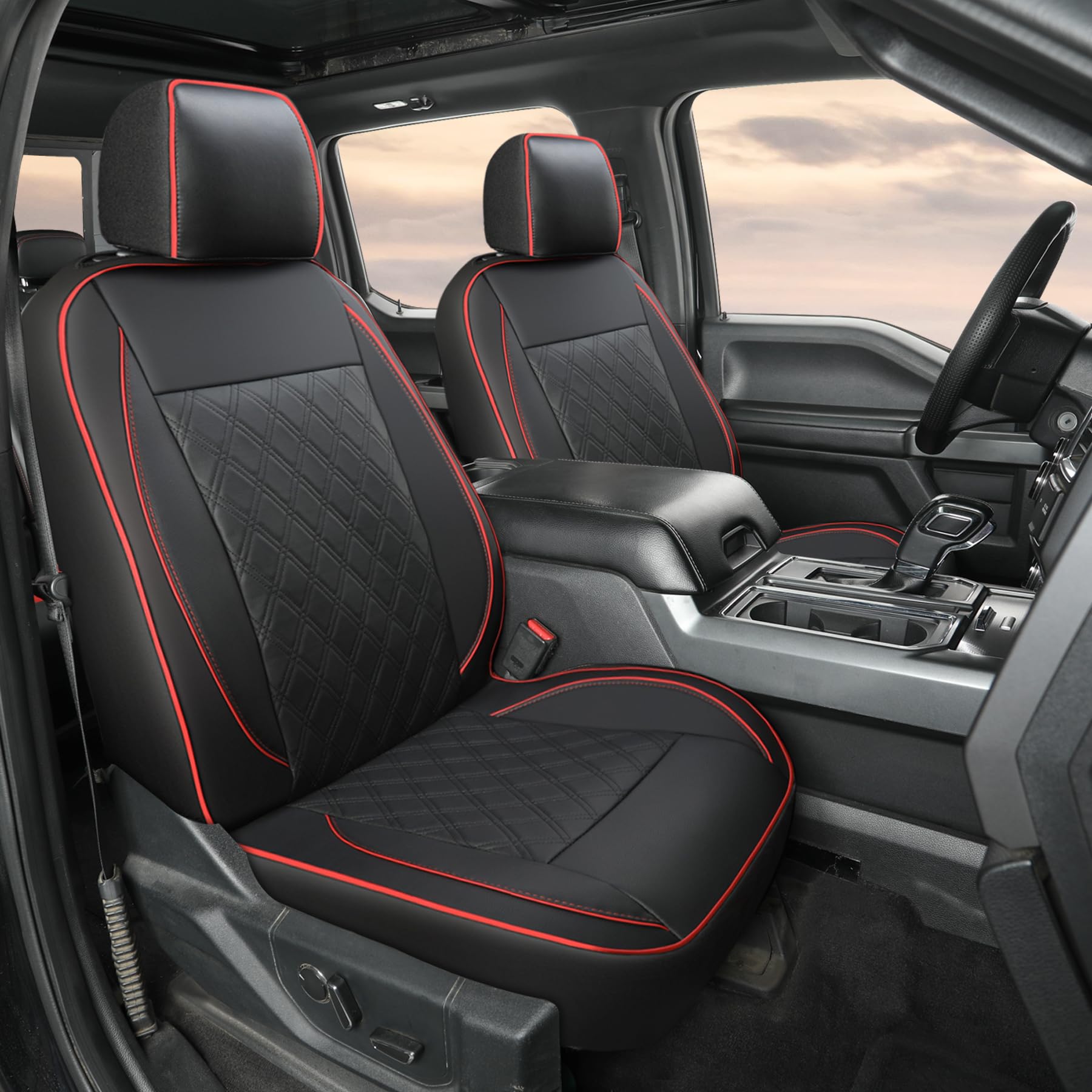 Giant Panda Front Car Seat Cover For Ford F150, Piping Leather Bucket Seat Covers Custom Fit Ford F250 F350 (Red+Black) 2-Pack