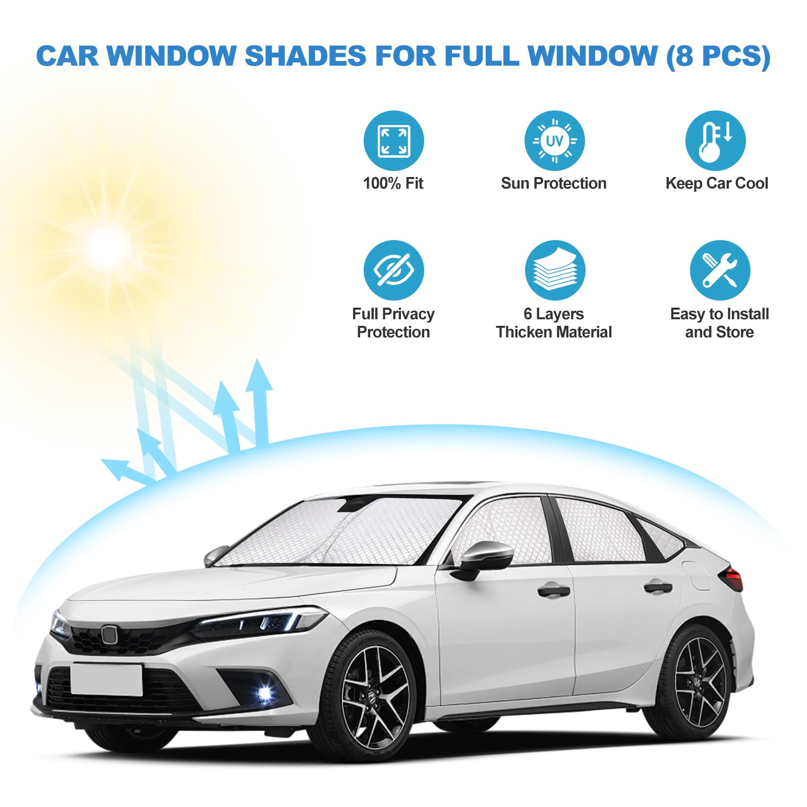 XCBYT 2021-2024 Civic Window Shades | 6 Layers Thickened Car Window Covers | 2 in 1 Car Full Window Privacy Curtains | 100% Blac