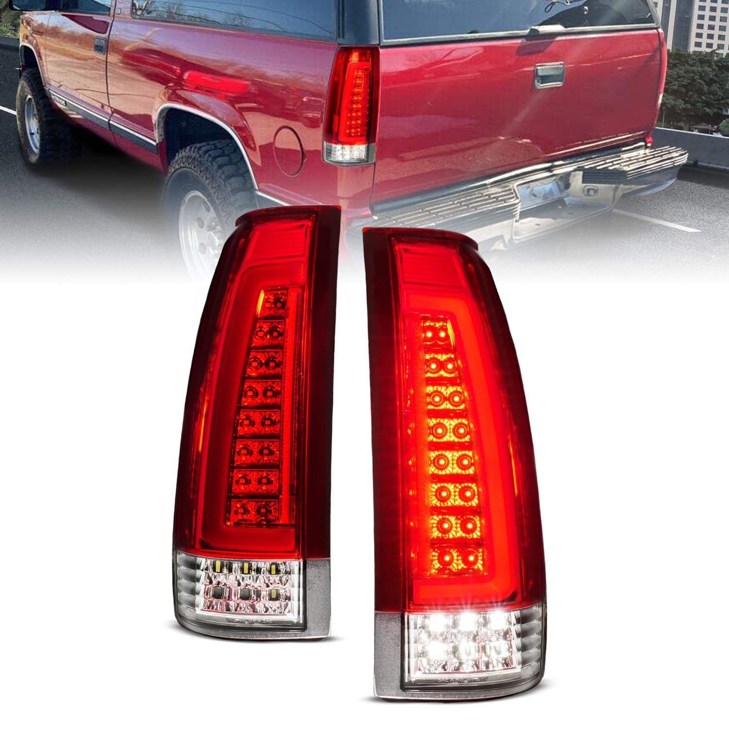 Amerilite For 1988-2000 Chevy Gmc C/K Pickup Vehicle Full Size Tahoe Suburban [Full Led] C-Type Tube Crystal Red Replacement Tai