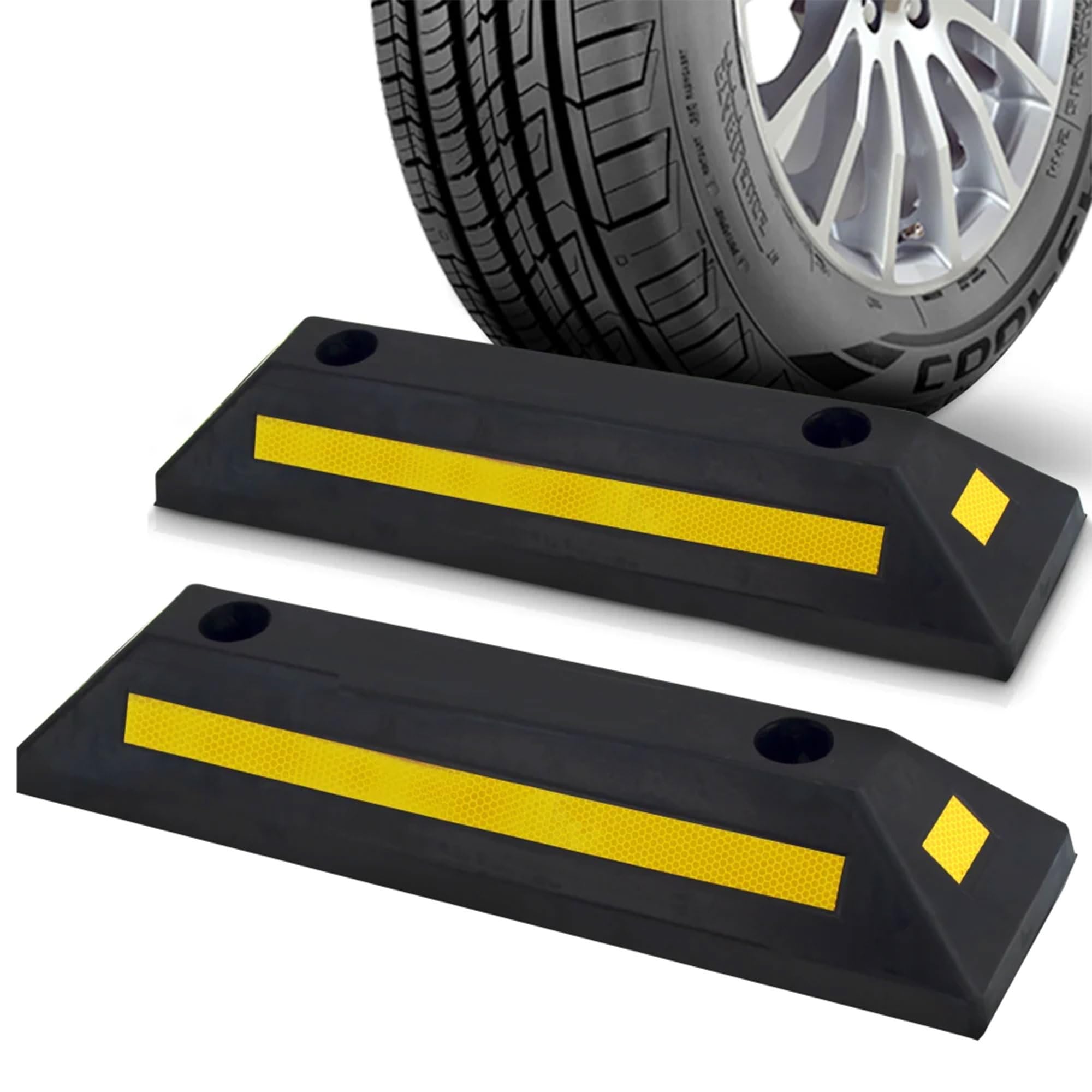 Pyle 2-Pack Heavy Duty Rubber Wheel Stops For Garage Parking - Durable, High-Visibility Tire Blocks For Cars, Trucks, Vans, Rvs,