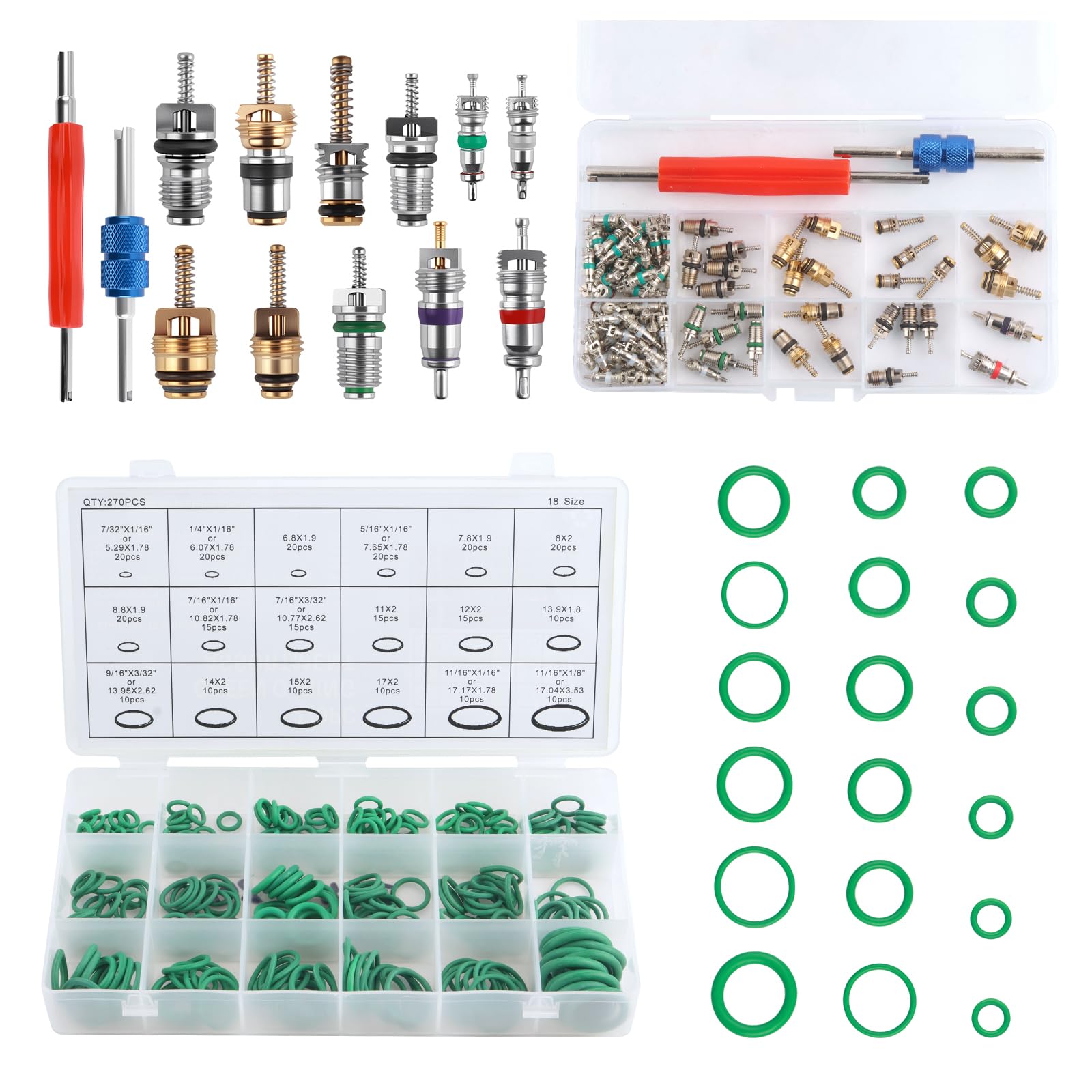 YGDMD 270PCS Car AC O Ring Kit & 102PCS AC Valve Core Kit,Multi-Size ACS Repair Kits & Car O Ring Assortment Kits,ACS Seal Kit I