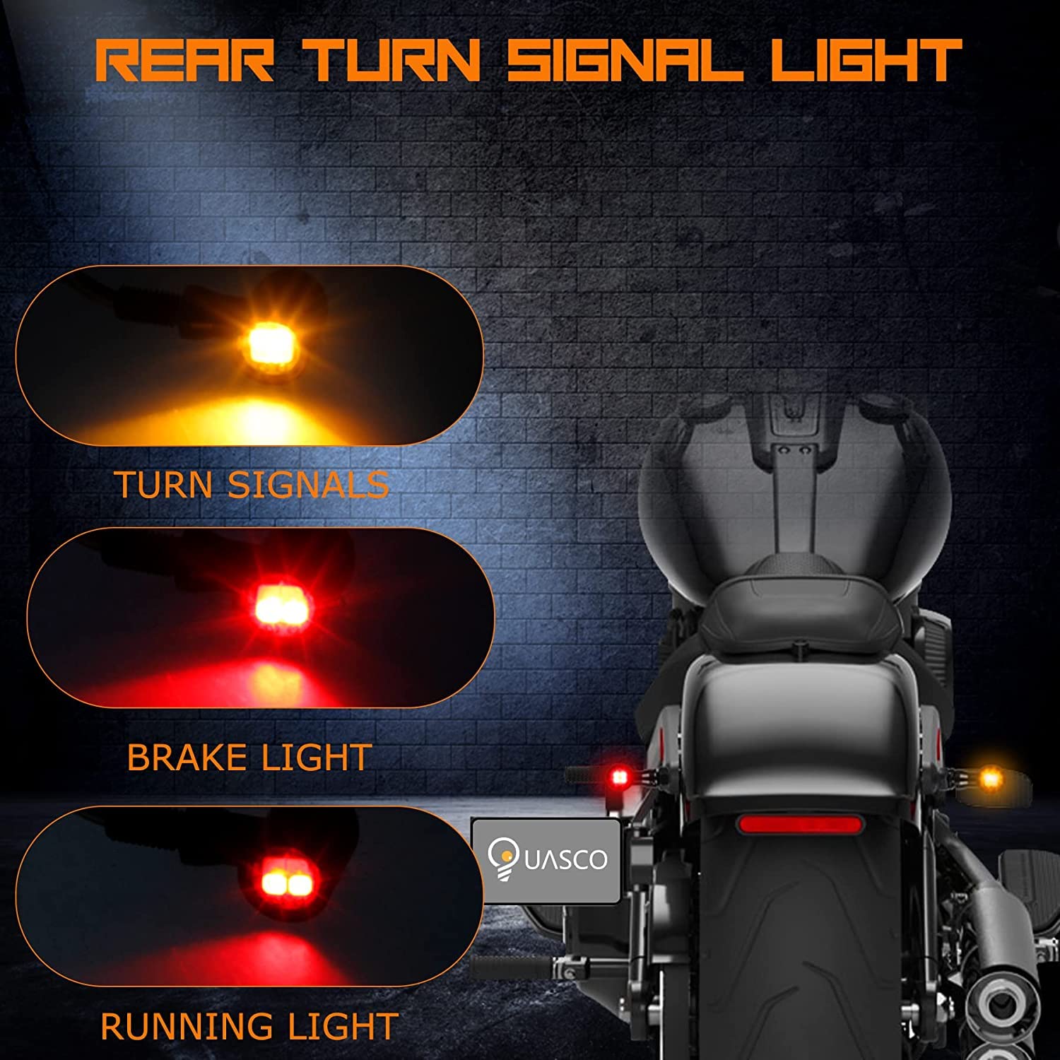 Quasco Front Rear Motorcycle Turn Signals, Mini Size Led Brake Tail Lights Universal Compatible With Harley Honda Suzuki Triumph Yamaha