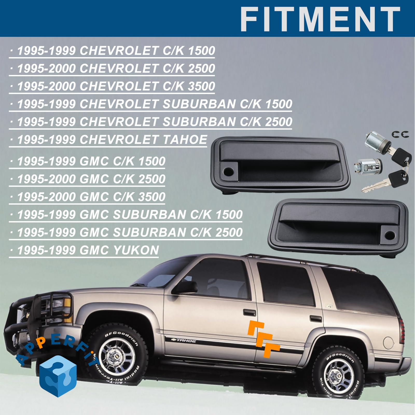 APPERFiT All Metal Exterior Door Handles w/Lock Cylinders & Keys Compatible with Chevy Tahoe Suburban C/K1500 C/K2500 C/K3500 GM