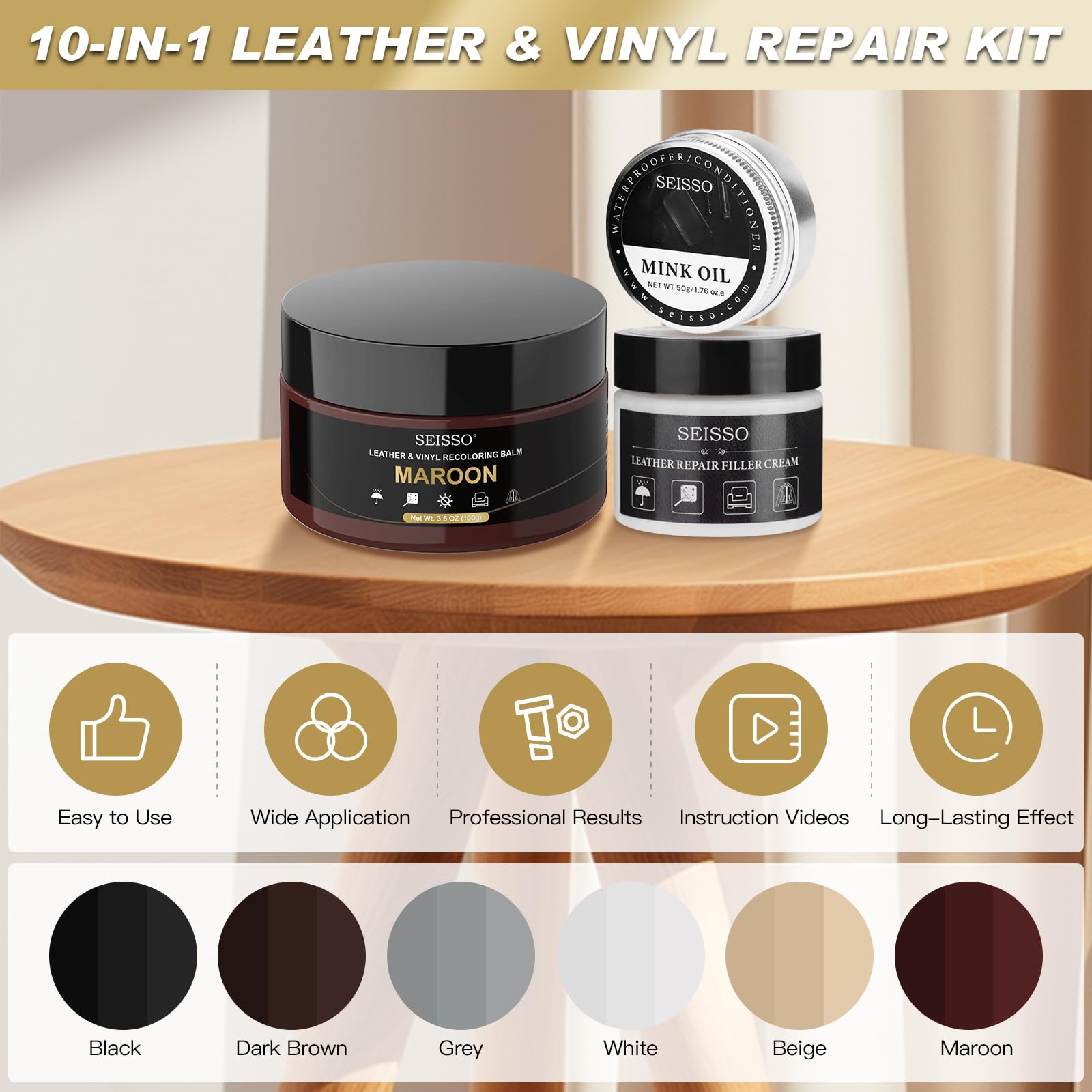 Maroon Leather Recoloring Balm, Leather Repair Kit with Mink Oil Conditioner, Color Restorer, Dye for Scratches, Holes, Faded fo