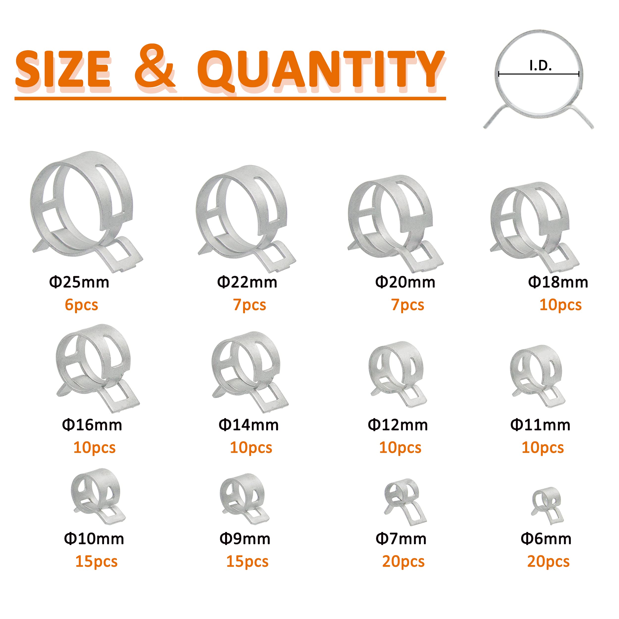 Ispinner 140Pcs 6-25Mm Spring Band Type Fuel Line Silicone Vacuum Hose Pipe Clamp, 12 Sizes Low Pressure Air Clip Clamp