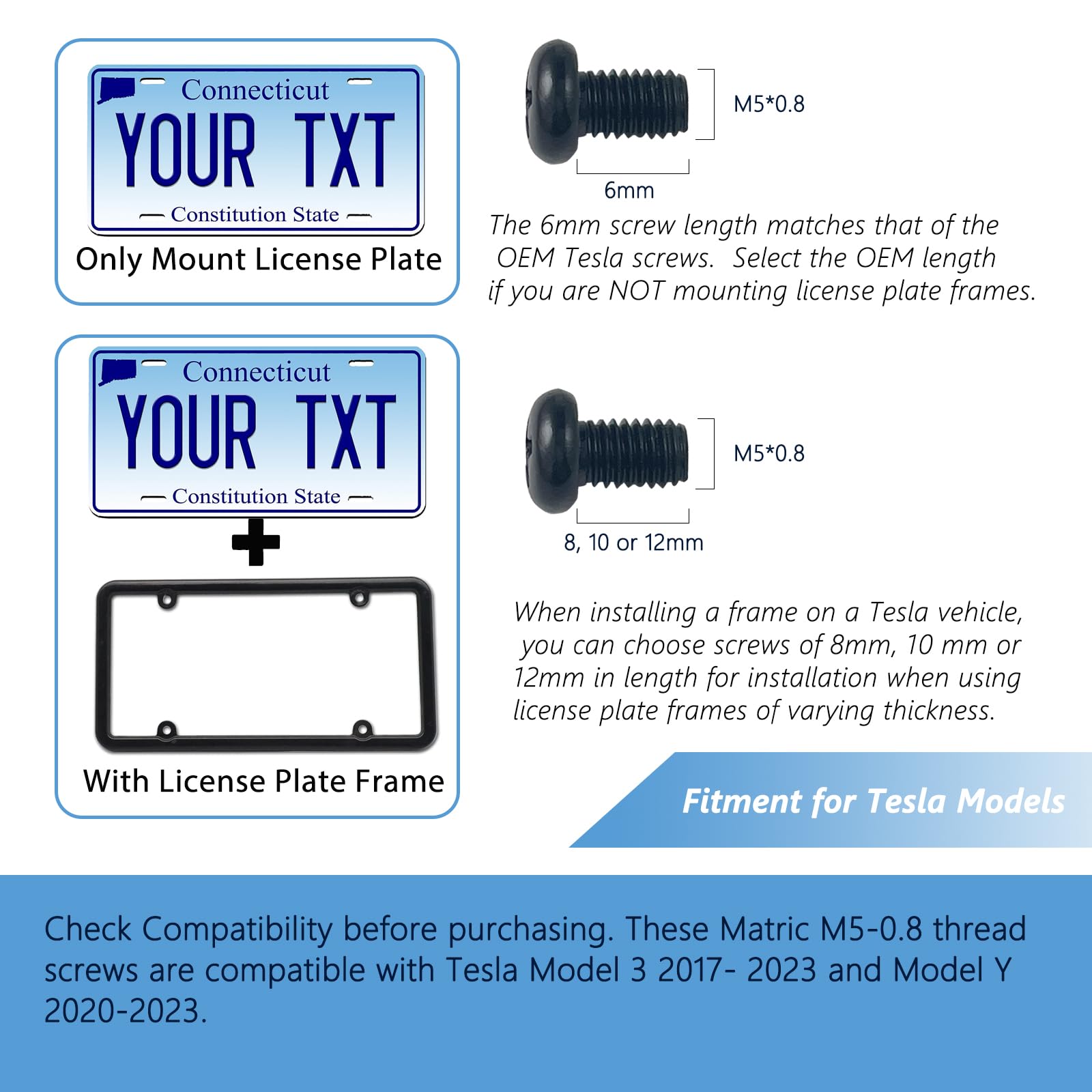 OTTOPO Rear License Plate Screws M5-0.8X12mm Compatible with Tesla Model 3, Y and BMW 18-8 Stainless Steel Black Zinc Plated 8 P