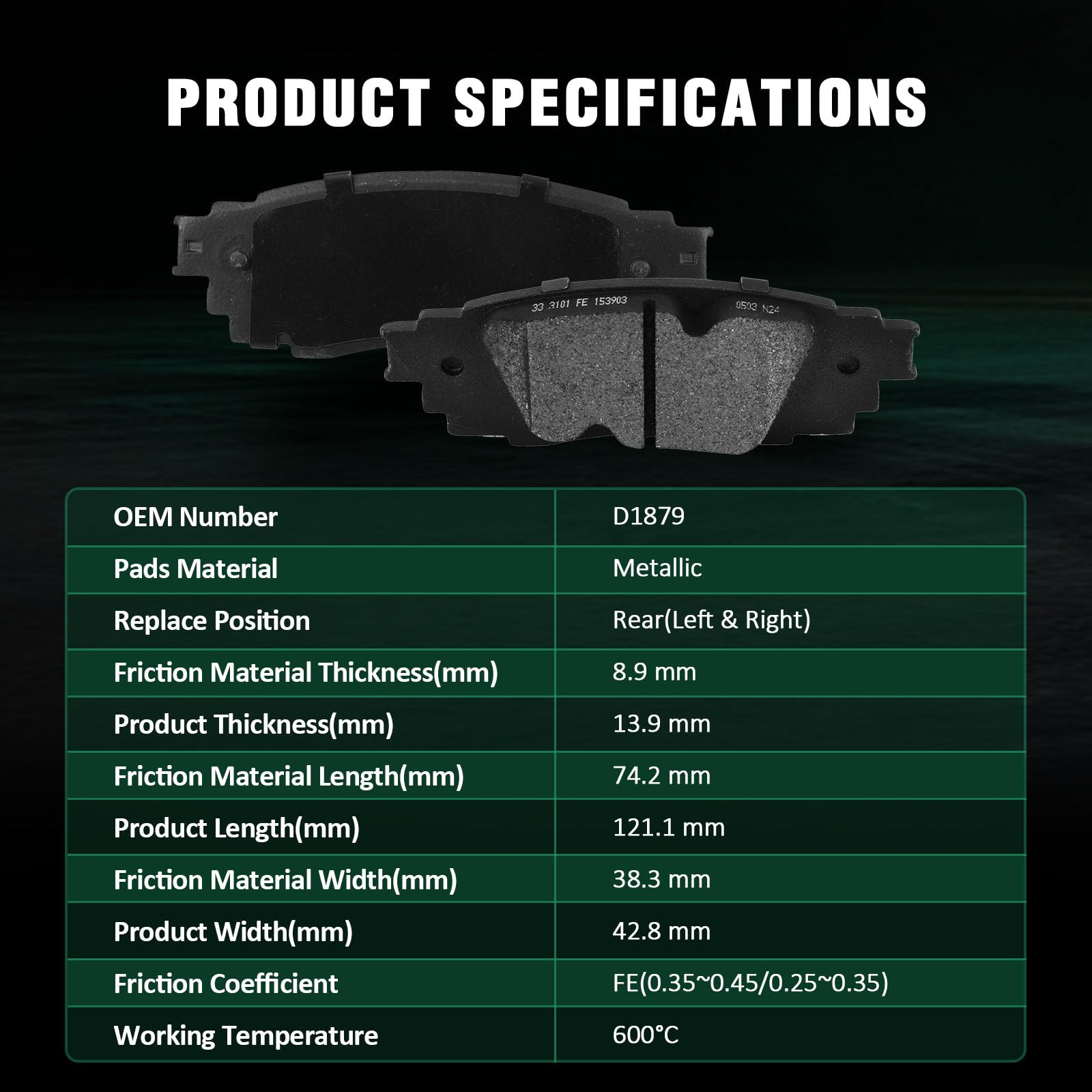 Automuto 4Pcs Rear Metallic Disc Brake Pads Set D1879 For Lexus Es250 21-22/Rx350 16-22/Rx350L 18-22/Rx450H 16-22/X450Hl 18-22/U