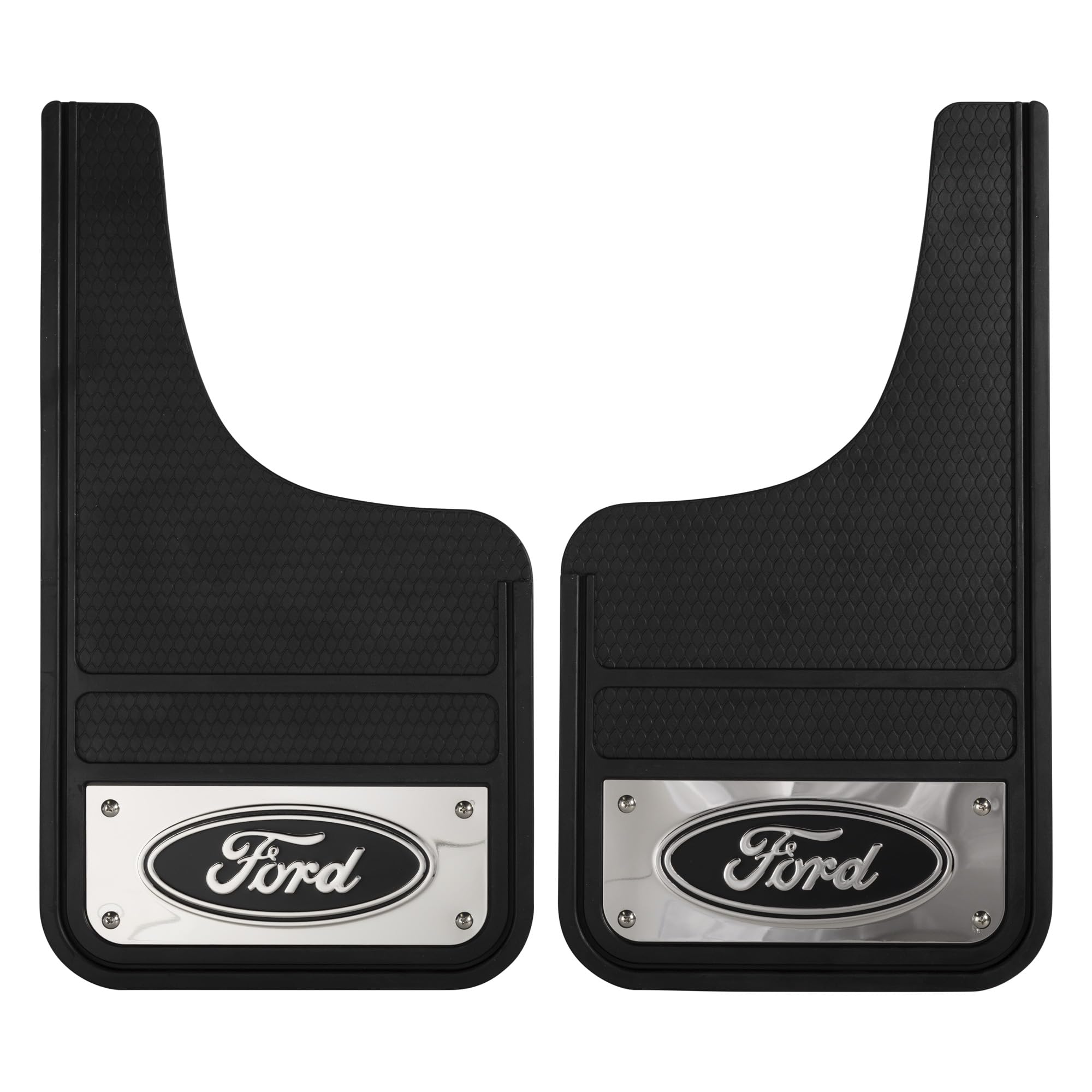 Plasticolor Ford Oval Chrome Plated Heavy-Duty Mud Guard Set 12"x22" Black Model 001837R01 Fiberglass Reinforced PVC
