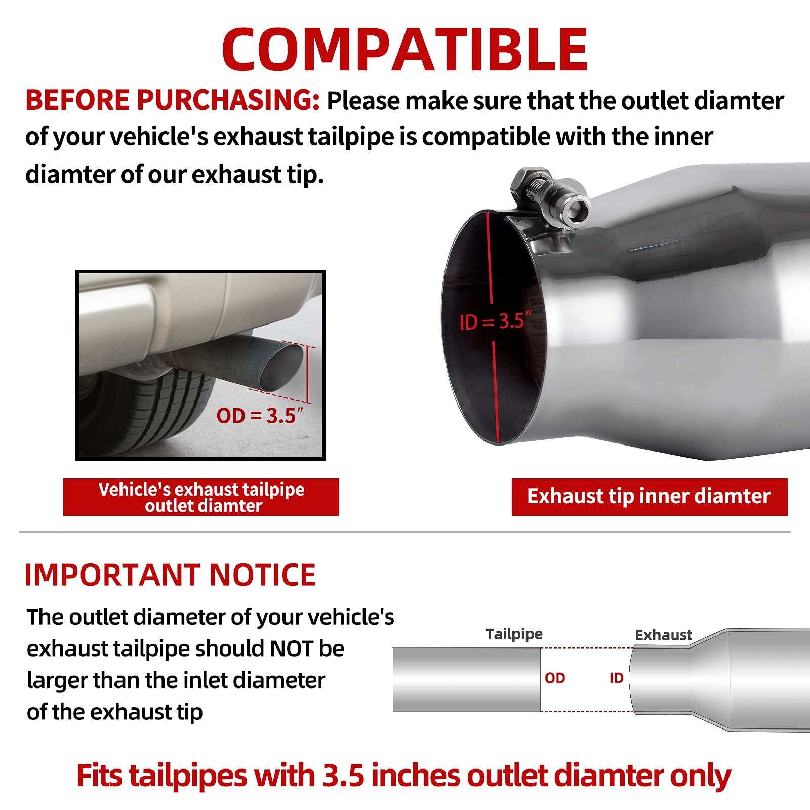 AUTOSAVER88 3.5 Inch Inlet Black Exhaust Tip, 3.5'' Inlet 5'' Outlet 12'' Overall Length Stainless Steel Exhaust Tips Chrome-Pla