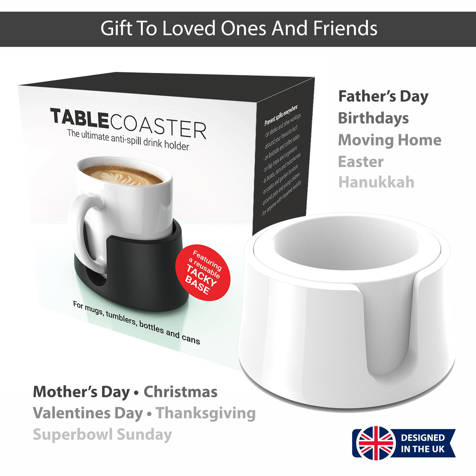 Hit Products Tablecoaster - Original Anti-Spill Table And Desk Cup Holder, Glacier White - Rv And Boat Drink Holder, A Tip-Proof