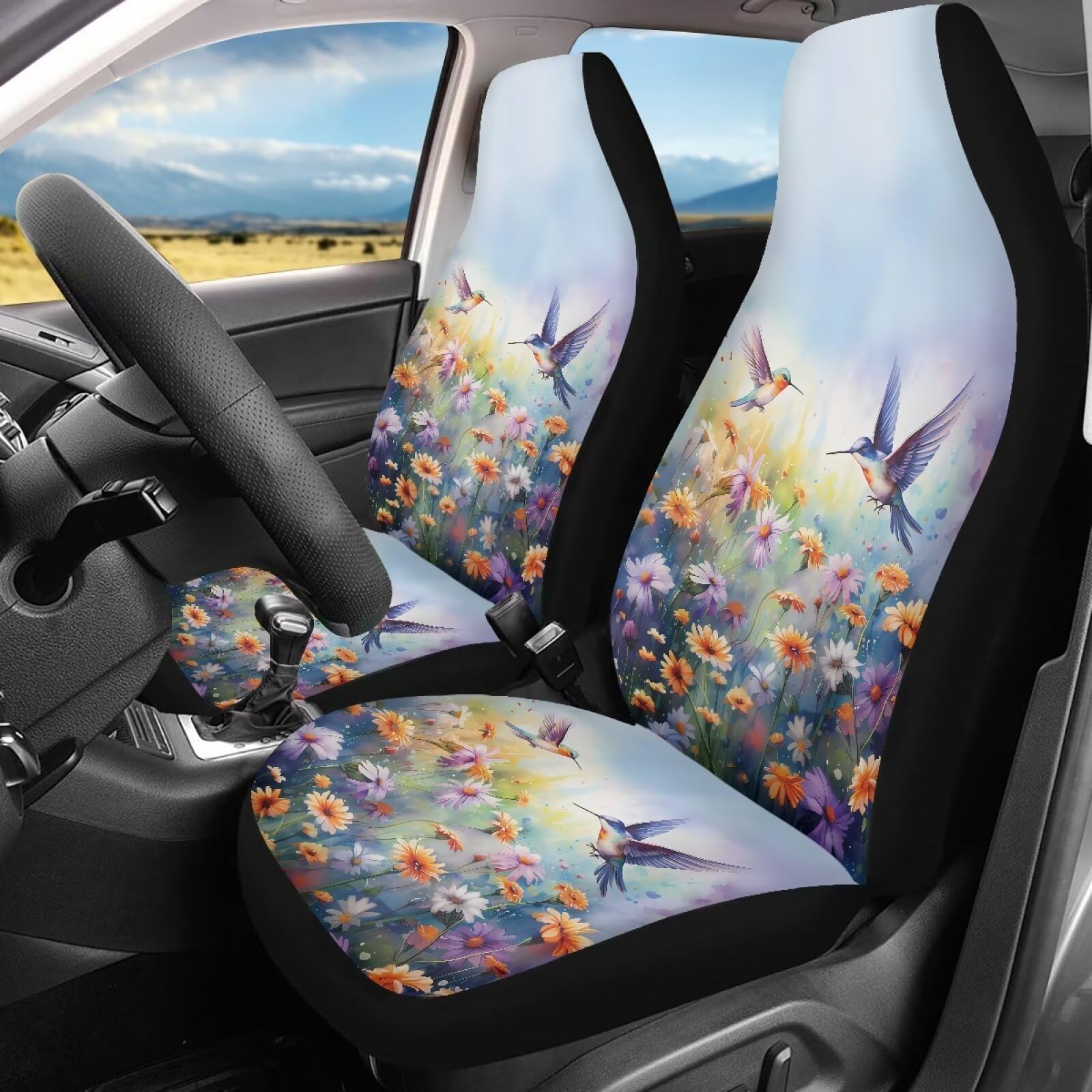 Talayituse Hummingbird Daisy Print Car Seat Covers 2 Pcs, Auto Universal Front Seat Protector, Men Women Automobile Interior Dec
