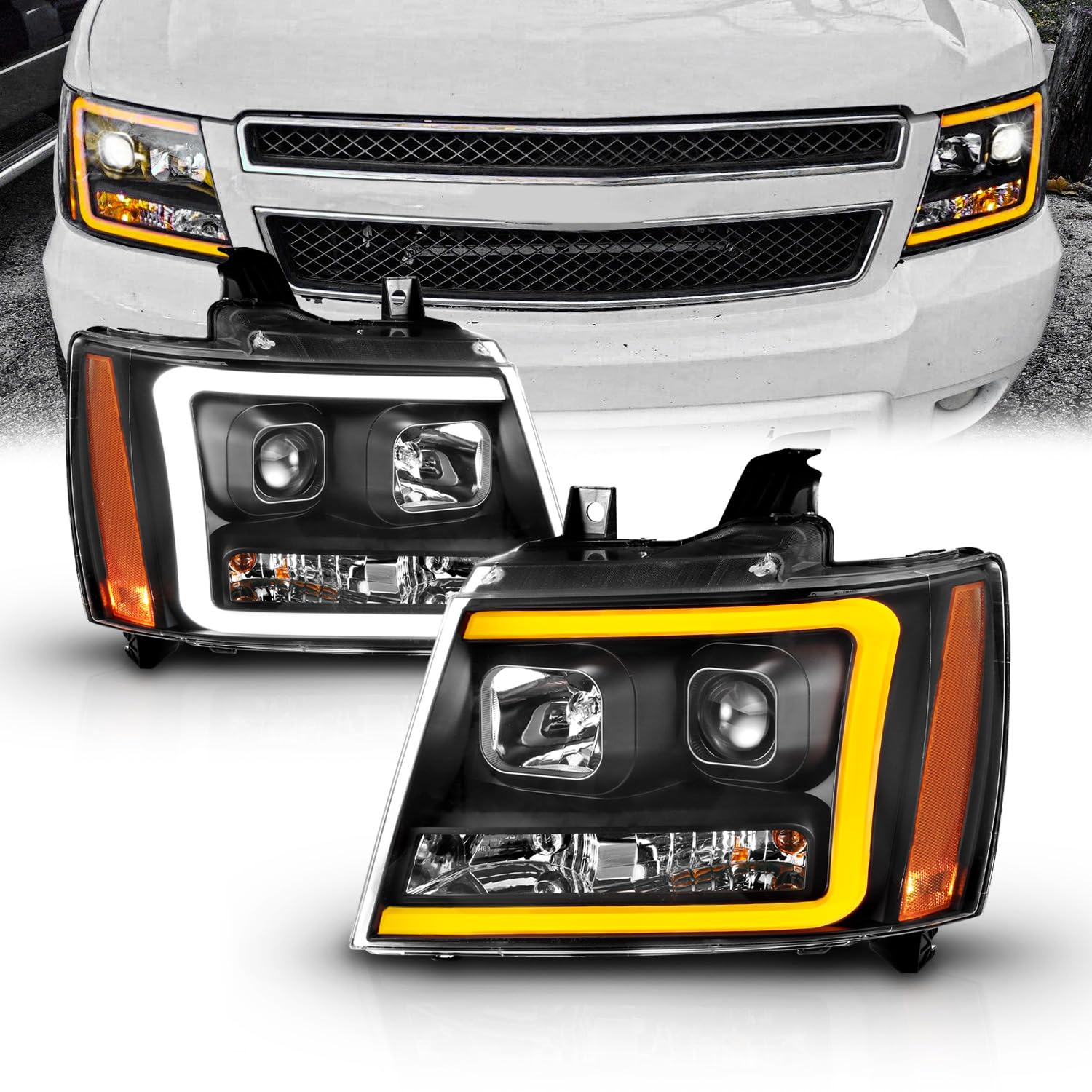 Amerilite For 2007-2013 Chevy Avalanche/Suburban/Tahoe Switchback Led Tube Turn Siganl Projector Black Replacement Headlights Pa