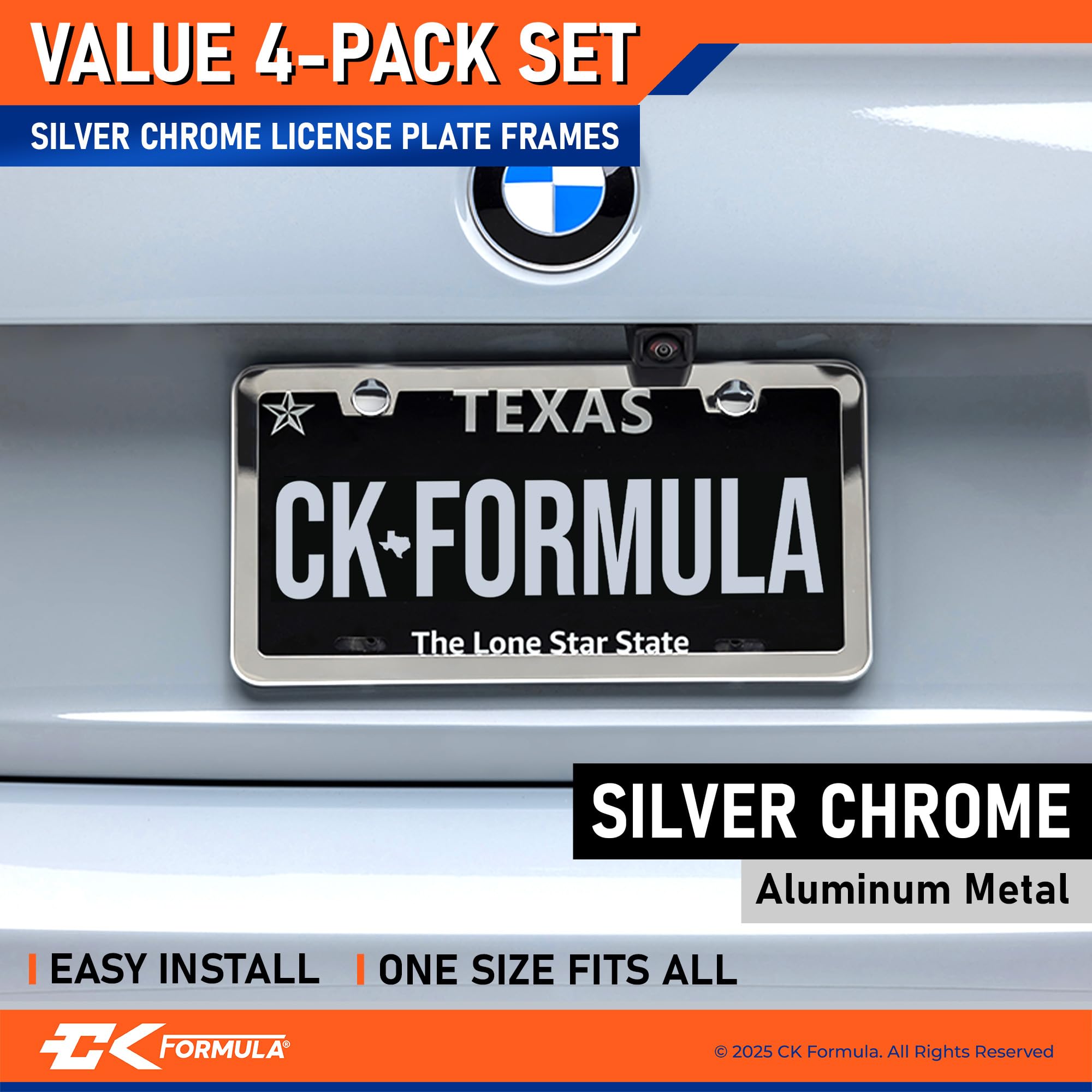 Silver Chrome License Plate Frames Metal - Value Pack Of 4, Car License Plate Holder For Men, Porta Placas Para Auto, Licence Ca
