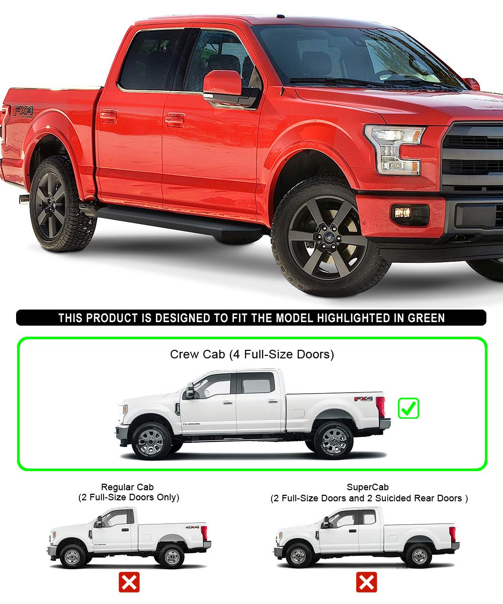 Aps Black Running Boards Compatible With Ford F150 2015-2025 Supercrew Cab & F150 Lightning 2022-2025 & F-250 F-350 Super Duty 2017-2025 Crew Cab (Side Steps Side Bars) 6In Wide Stainless Steel