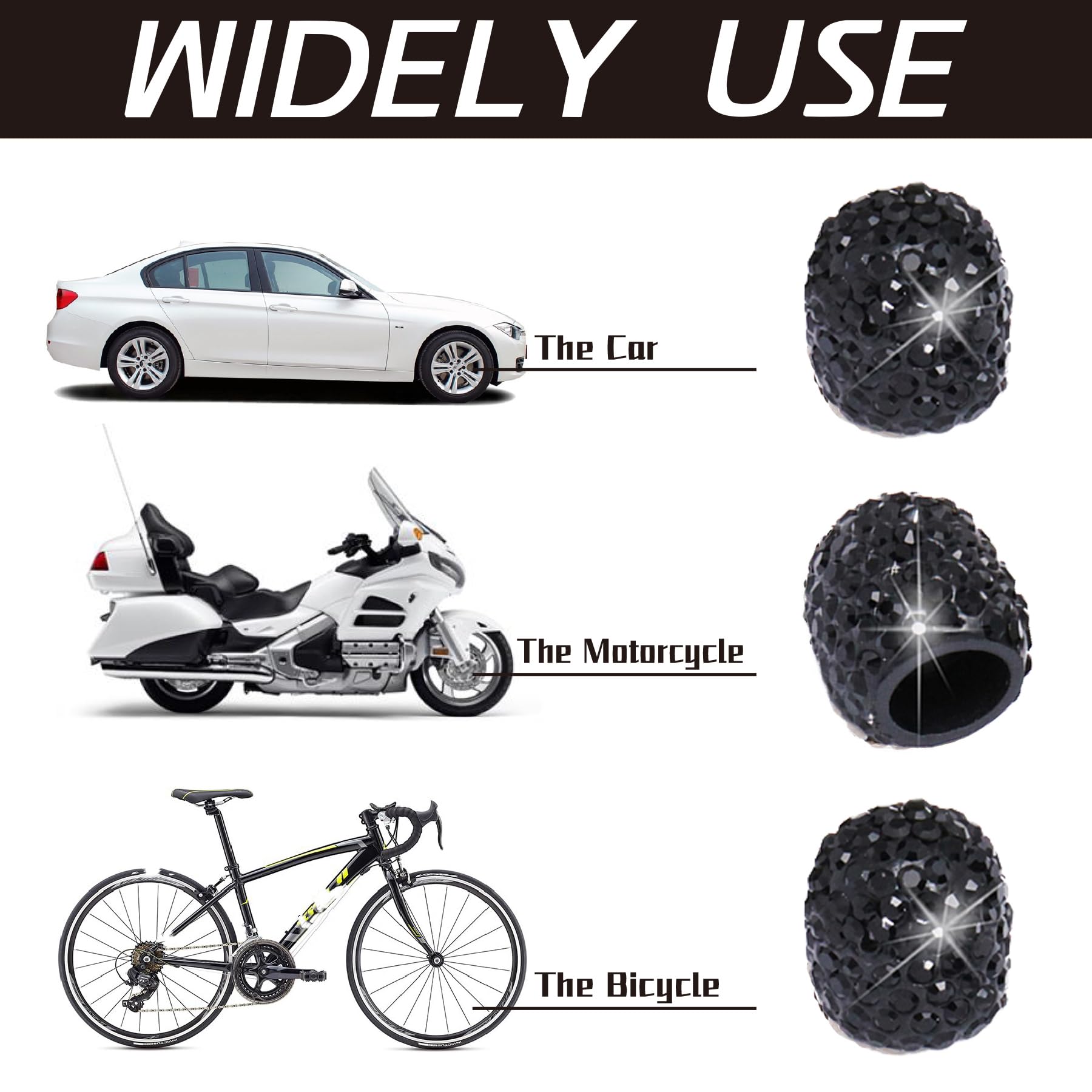 Justtop 4 Pack Handmade Crystal Rhinestone Car Tire Valve Stem Caps, Wheel Valve, Attractive Dustproof Bling Accessories, Universal For Cars, Trucks And Motorcycles-Black